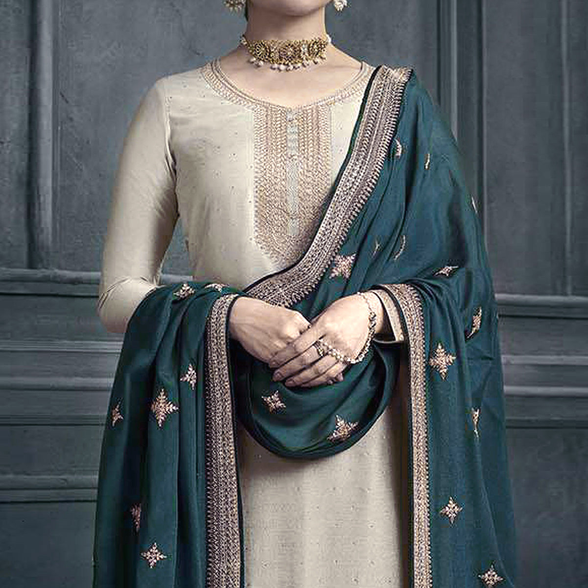 Grey Embroidered Georgette Semi Stitched Palazzo Suit