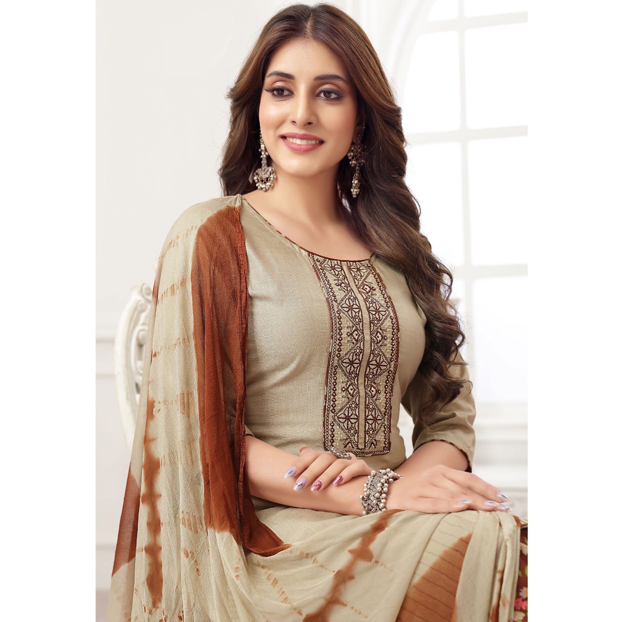 Beige Embroidered Rayon Patiala Suit
