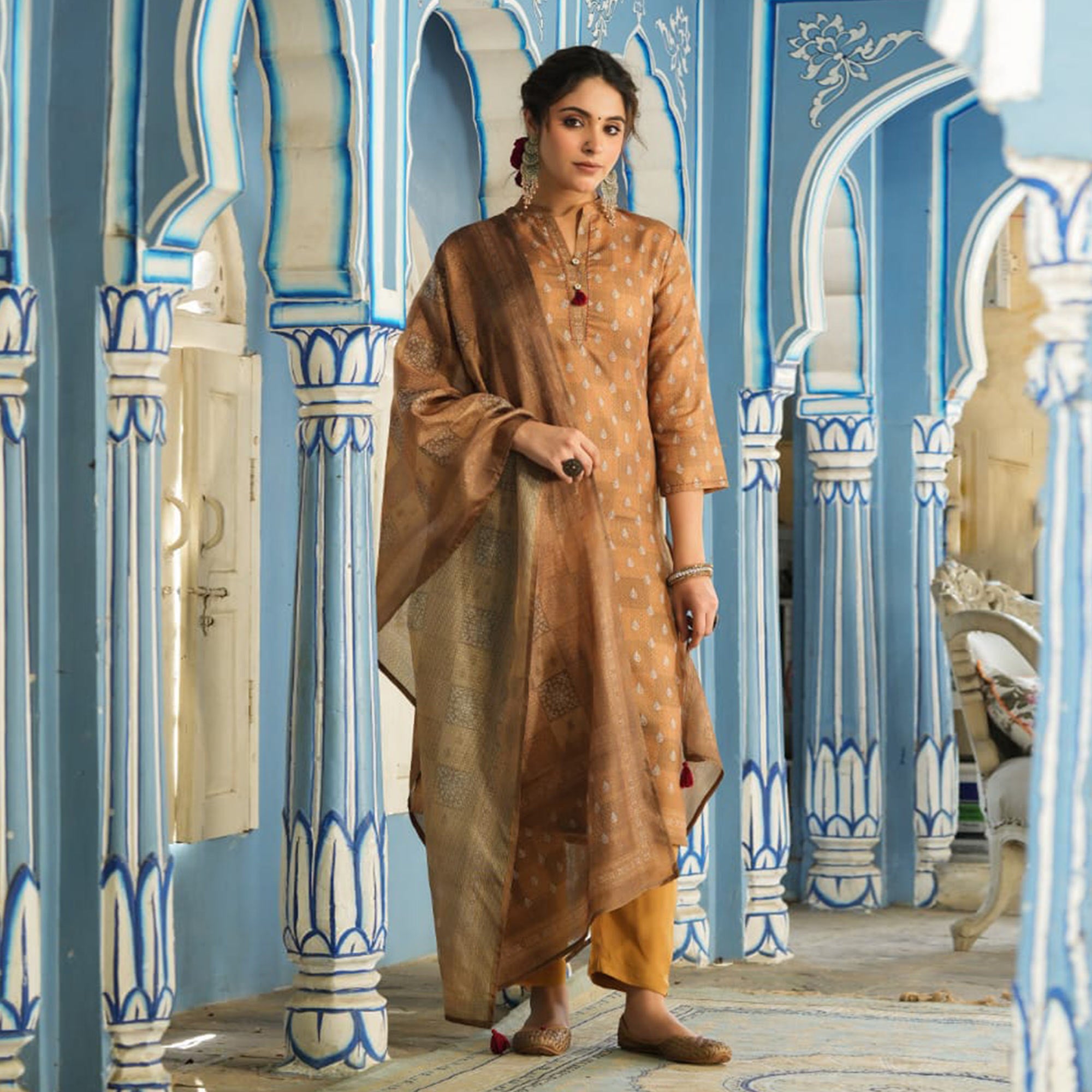 Brown Checked Printed Rayon Suit