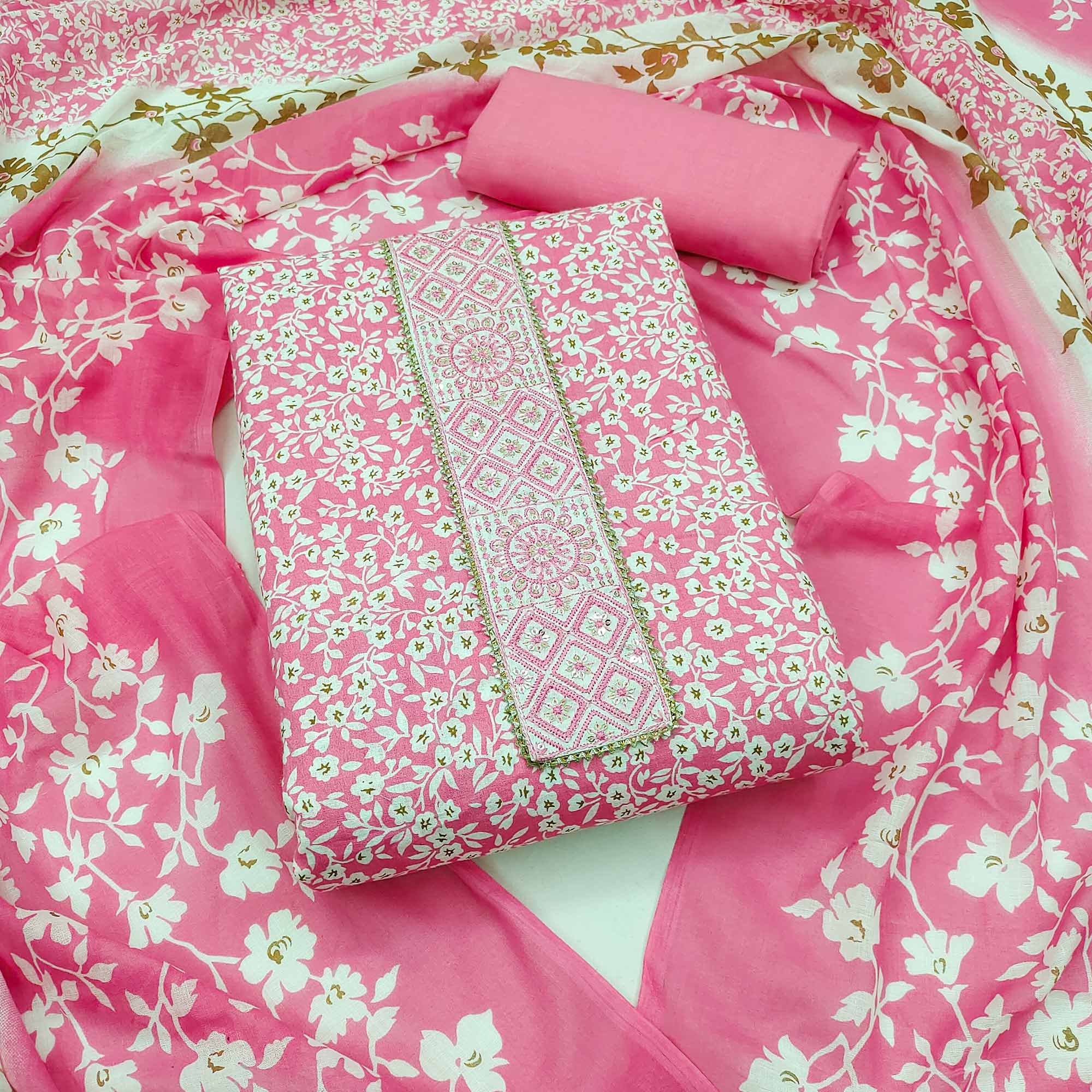 Pink Floral Printed Pure Cotton Dress Material