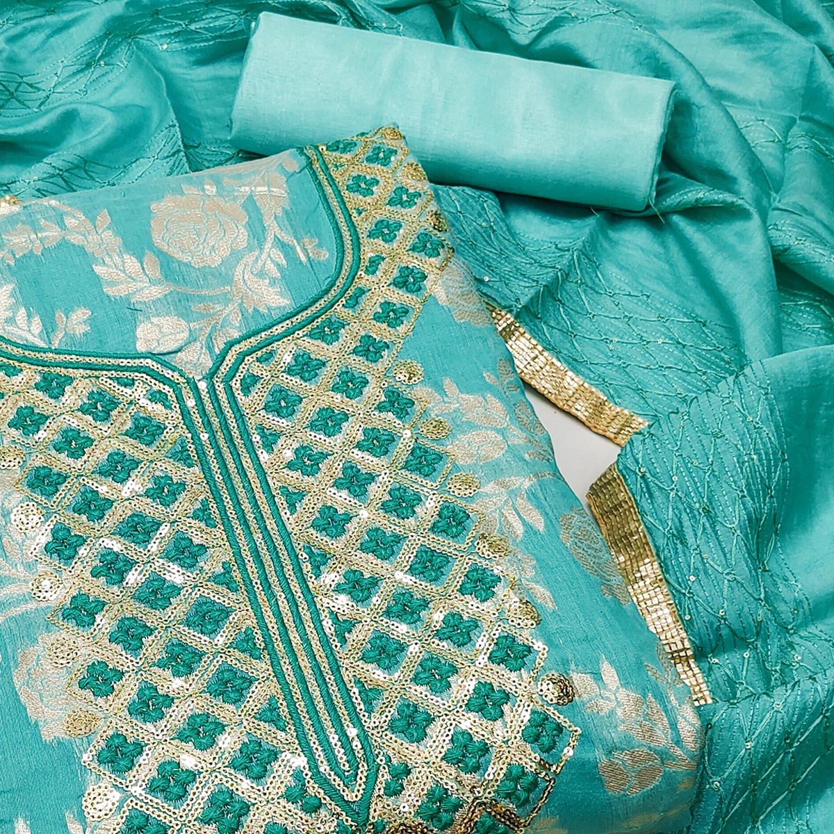 Turquoise Woven With Sequins Work Modal Dress Material