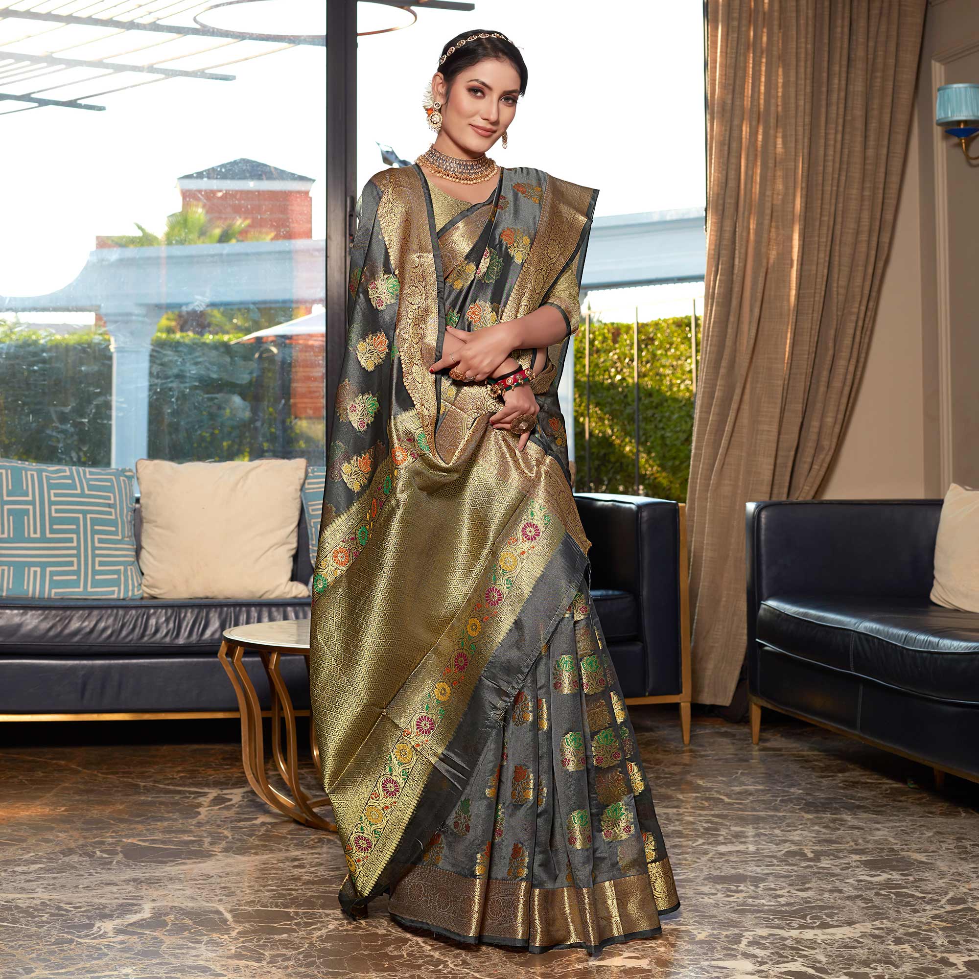Grey Floral Woven Organza Saree