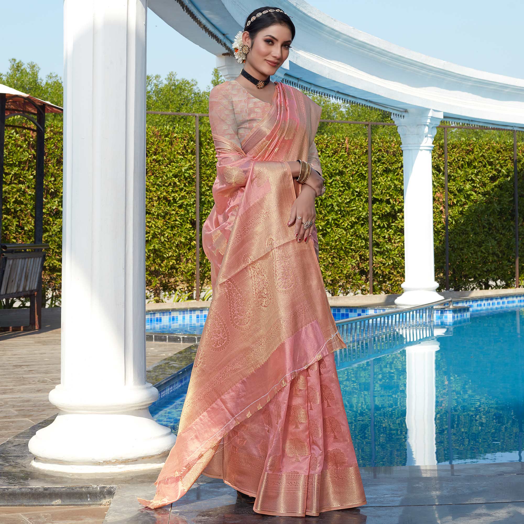 Pink Woven Organza Saree
