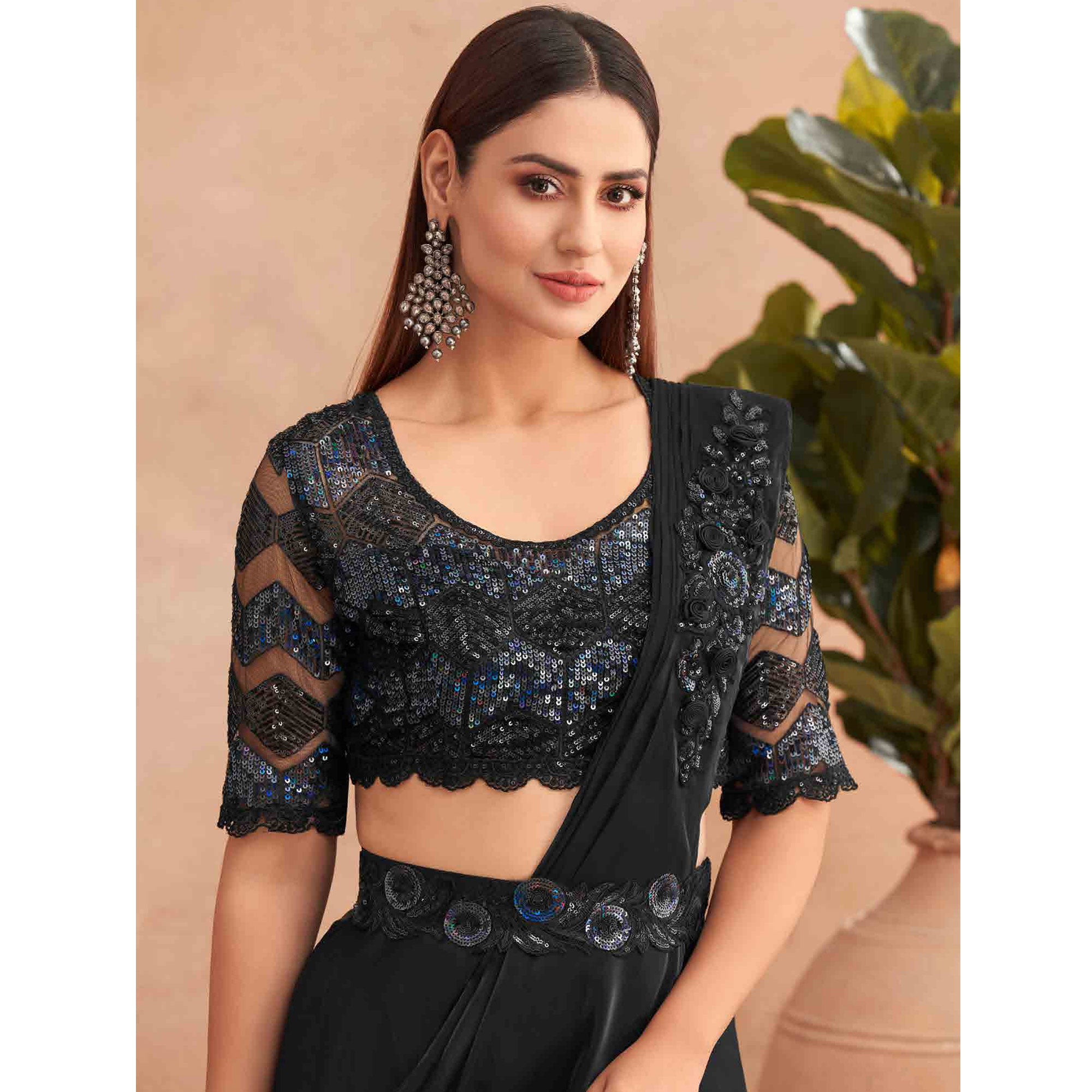 Black Sequins Embroidered Ready to Wear Art Silk Saree