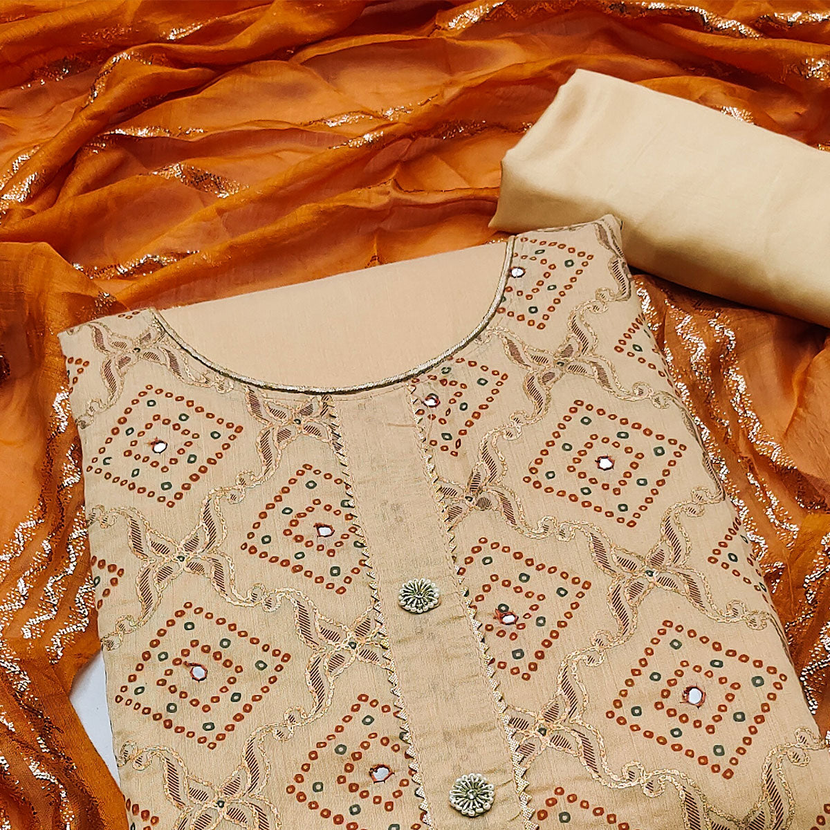 Beige Embroidered Chanderi Dress Material