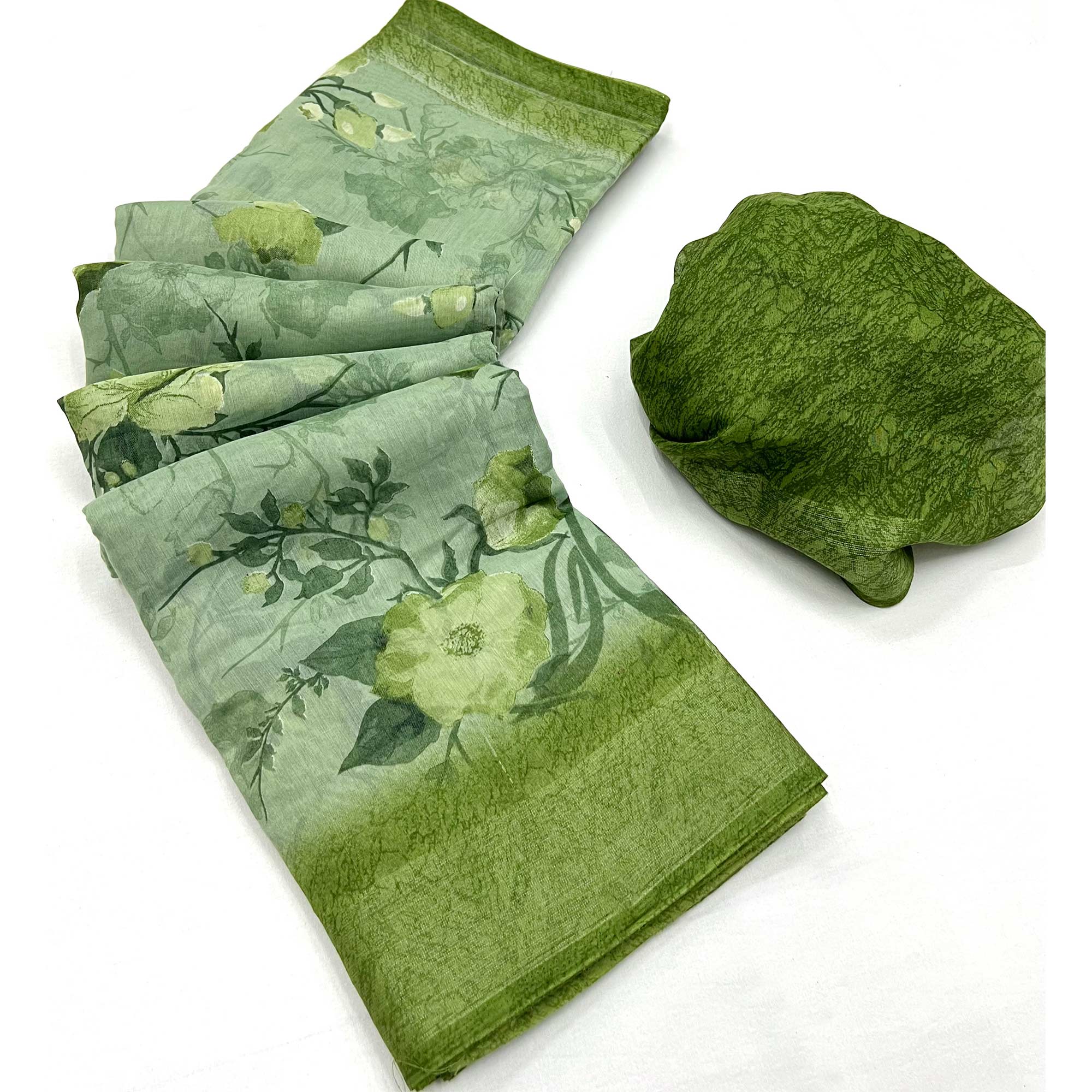 Pista Green Floral Printed Linen Saree