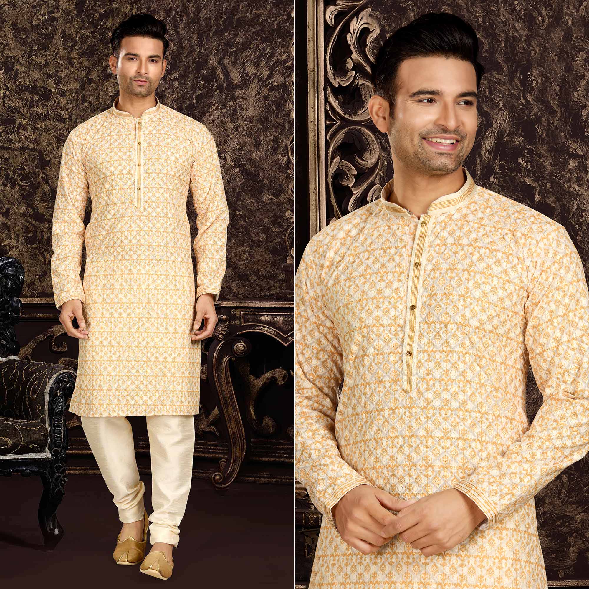 Light Yellow Lucknowi And Digital Printed Cotton Kurta Pyjama Set