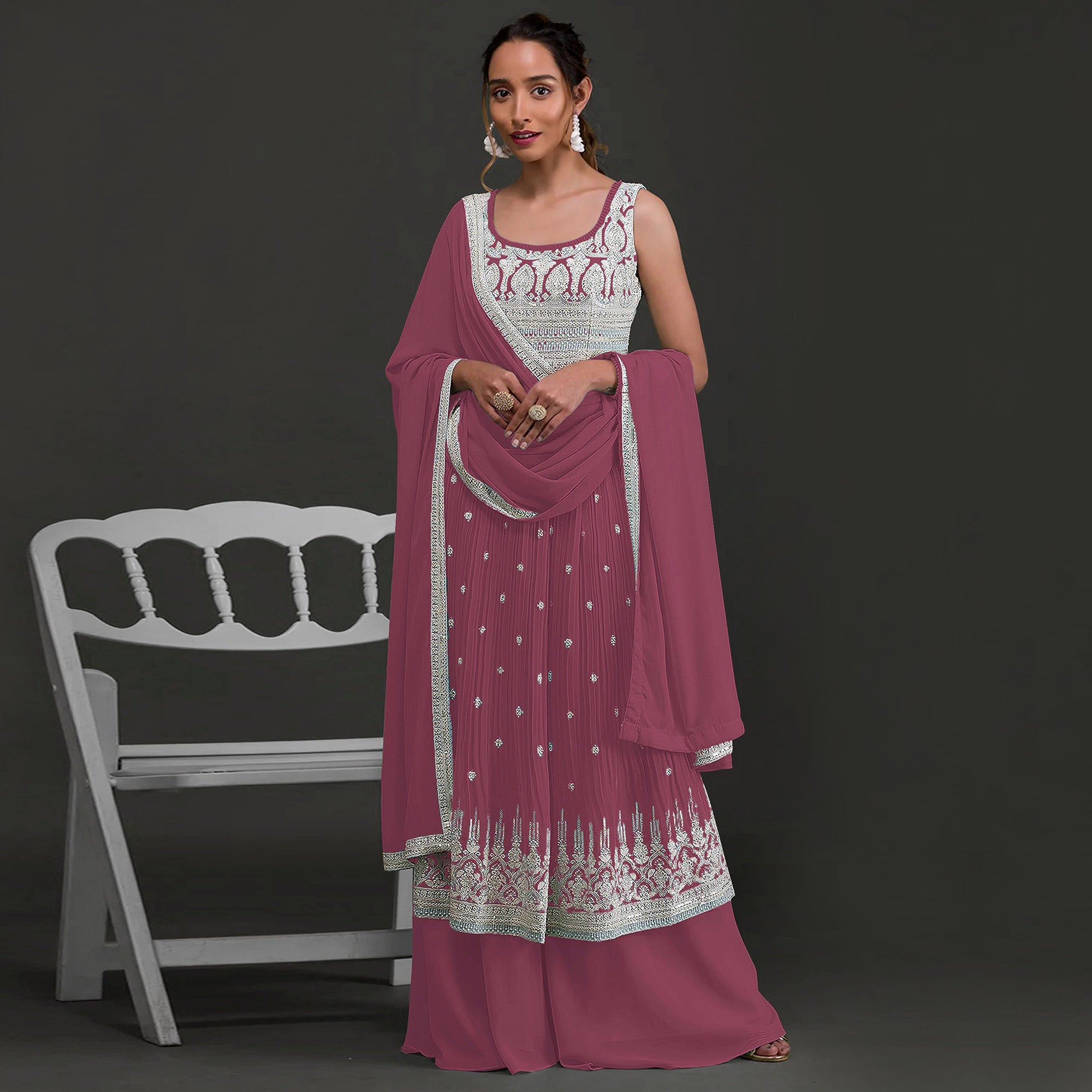 Mauve Embroidered Georgette Naira Cut Palazzo Suit
