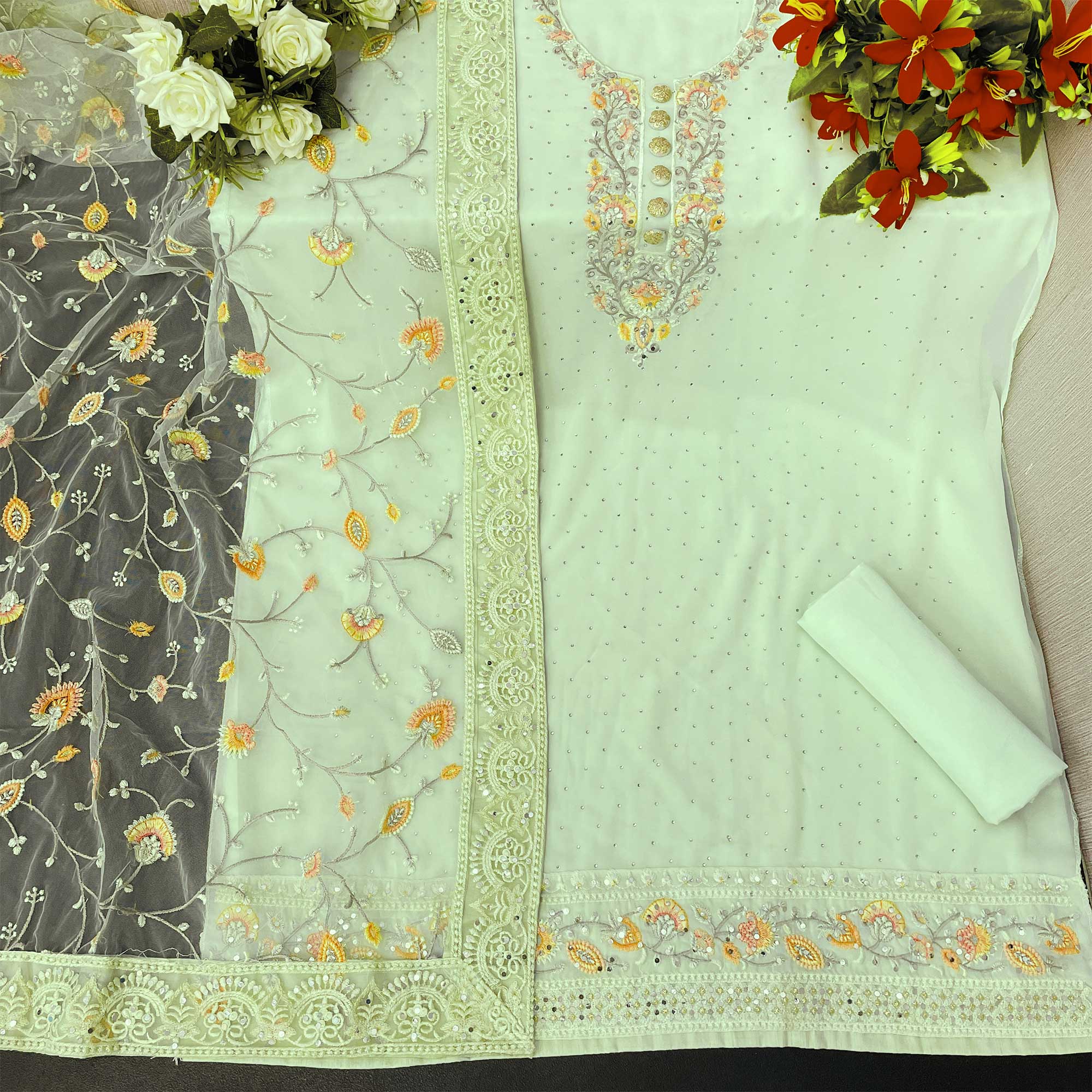 Green Floral Embroidered Georgette Salwar Suit