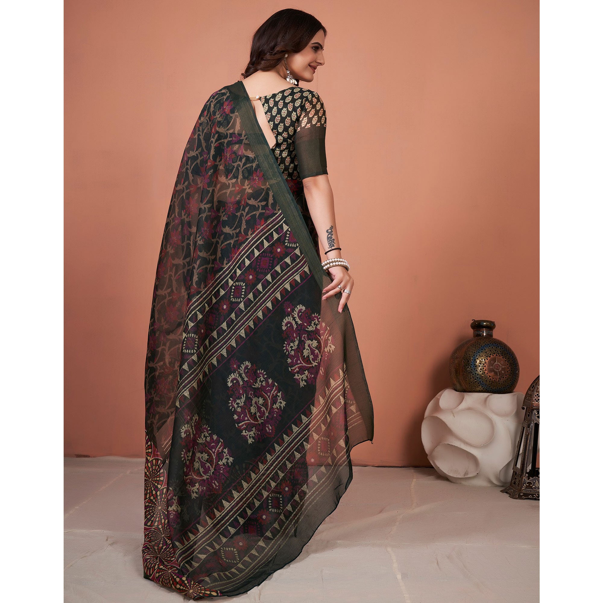 Black Printed Cotton Saree With Tassels