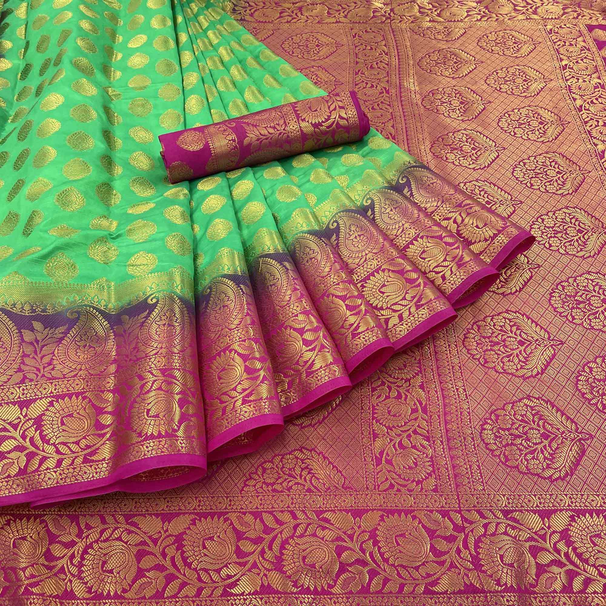 Parrot Green Woven Banarasi Silk Saree