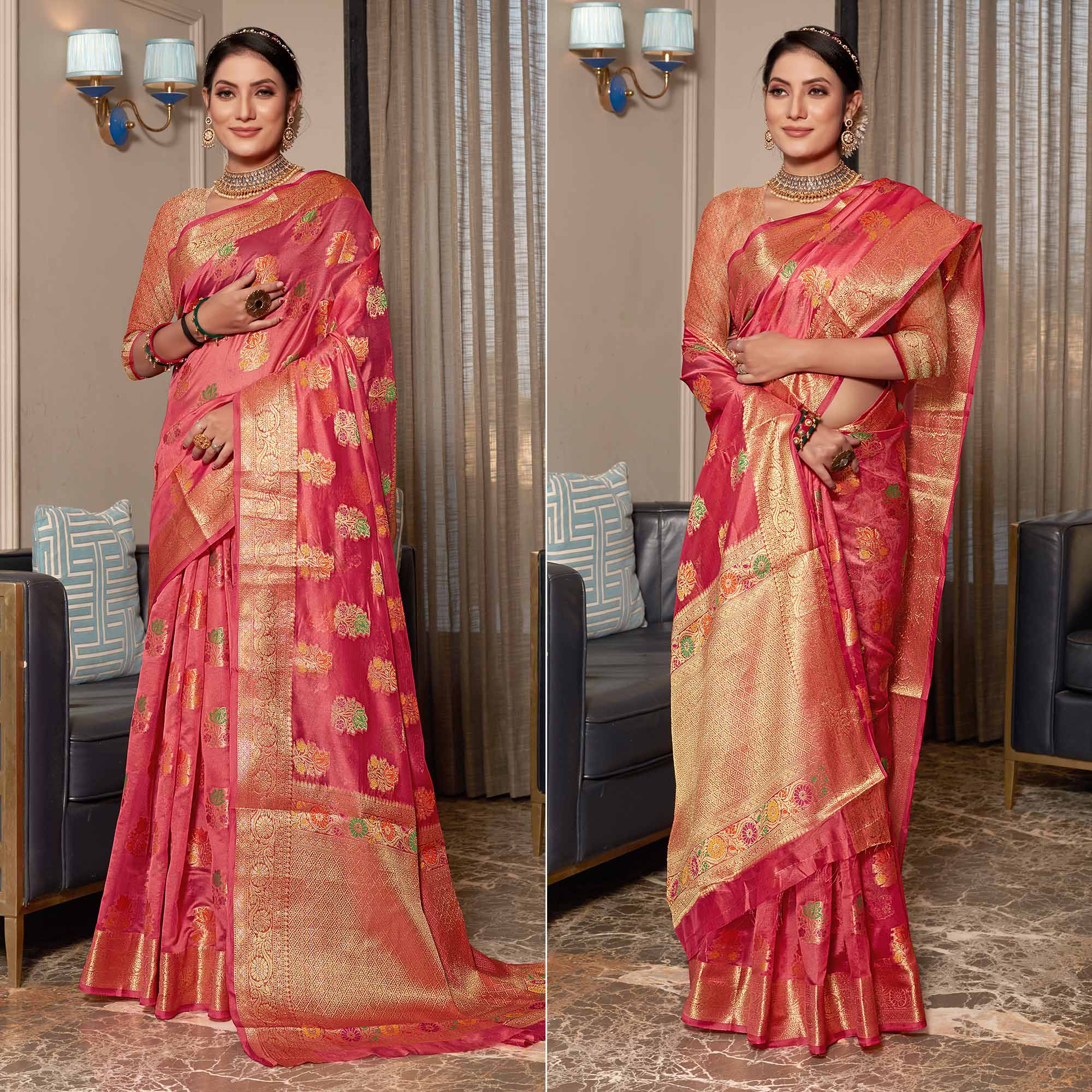 Pink Floral Woven Organza Saree