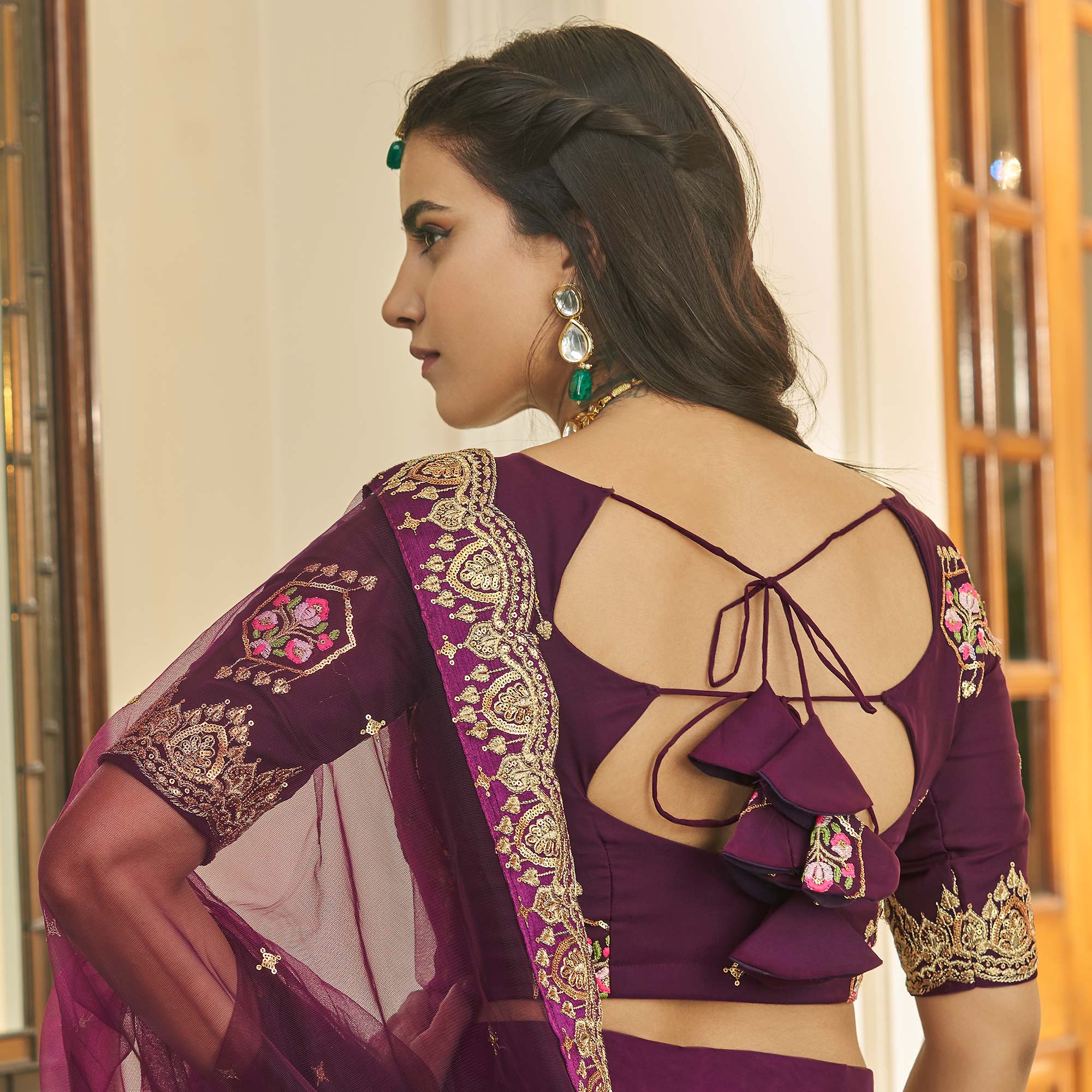 Purple Sequins Embroidered Organza Lehenga Choli