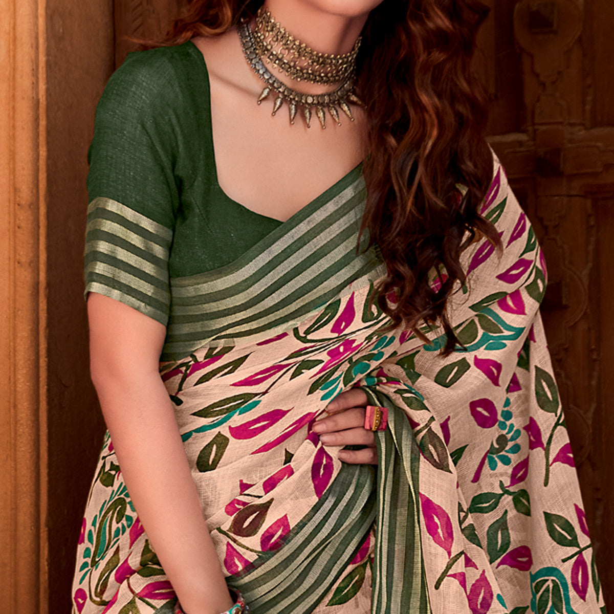 Beige Floral Printed Linen Saree