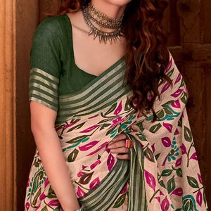 Beige Floral Printed Linen Saree