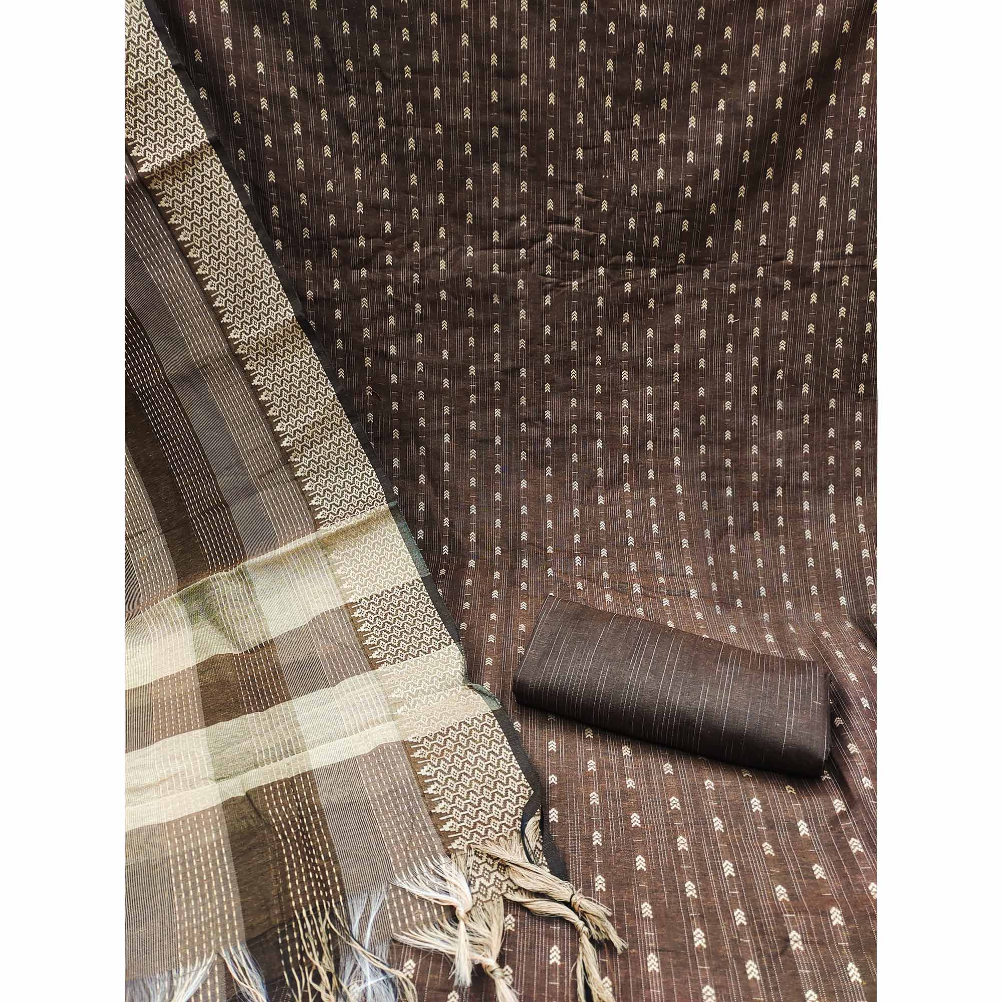 Brown Woven Cotton Blend Dress Material