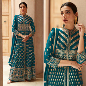 Blue Sequins Embroidered Georgette Palazzo Suit