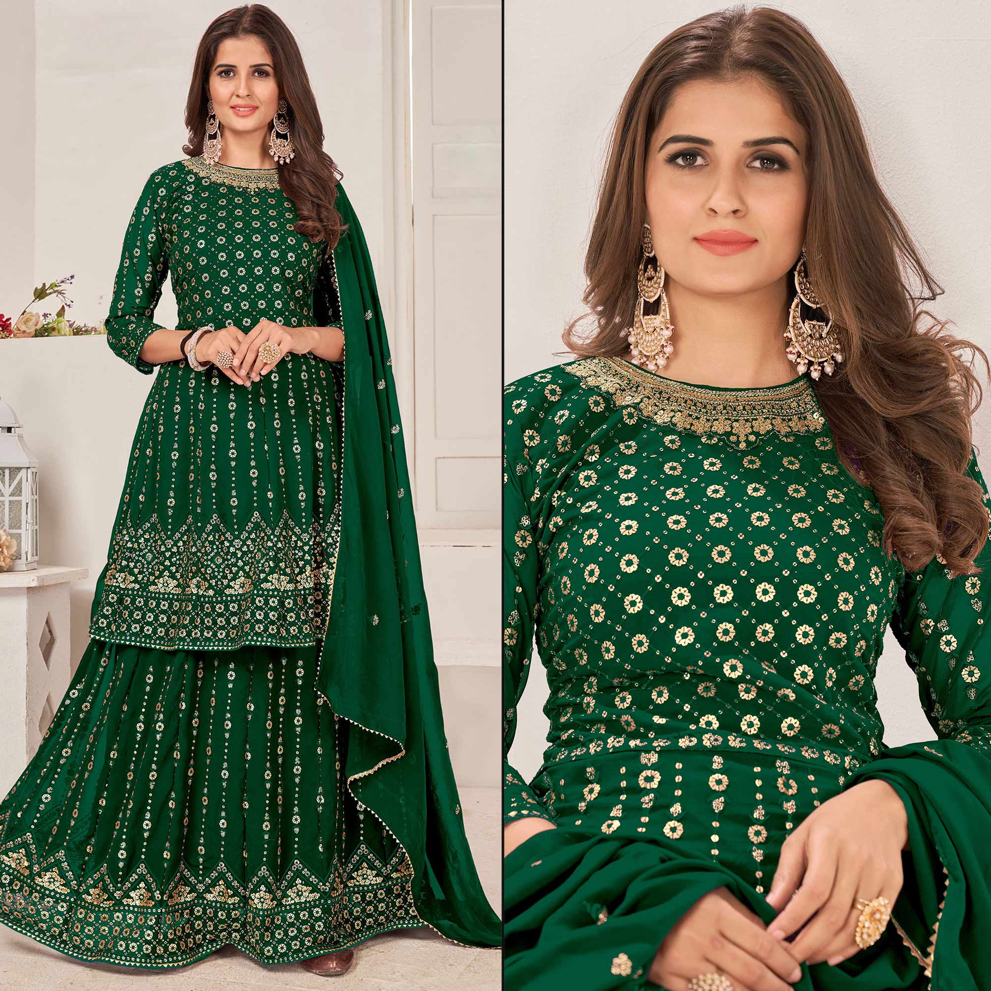 Green Sequins Embroidered Georgette Sharara Suit