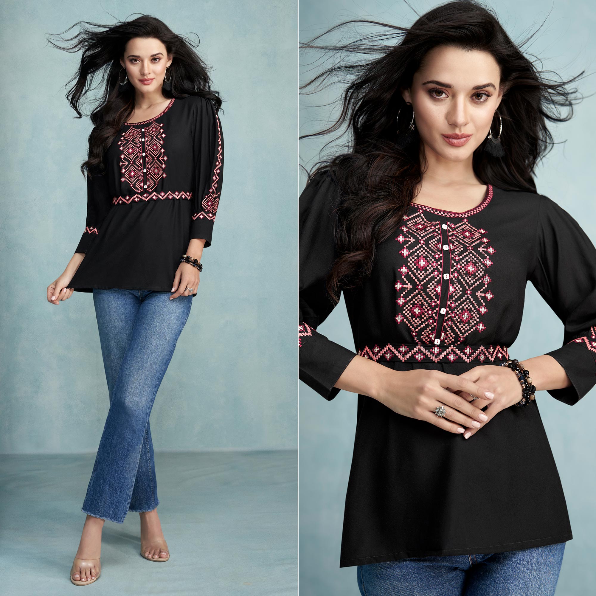 Black Floral Embroidered Rayon Top