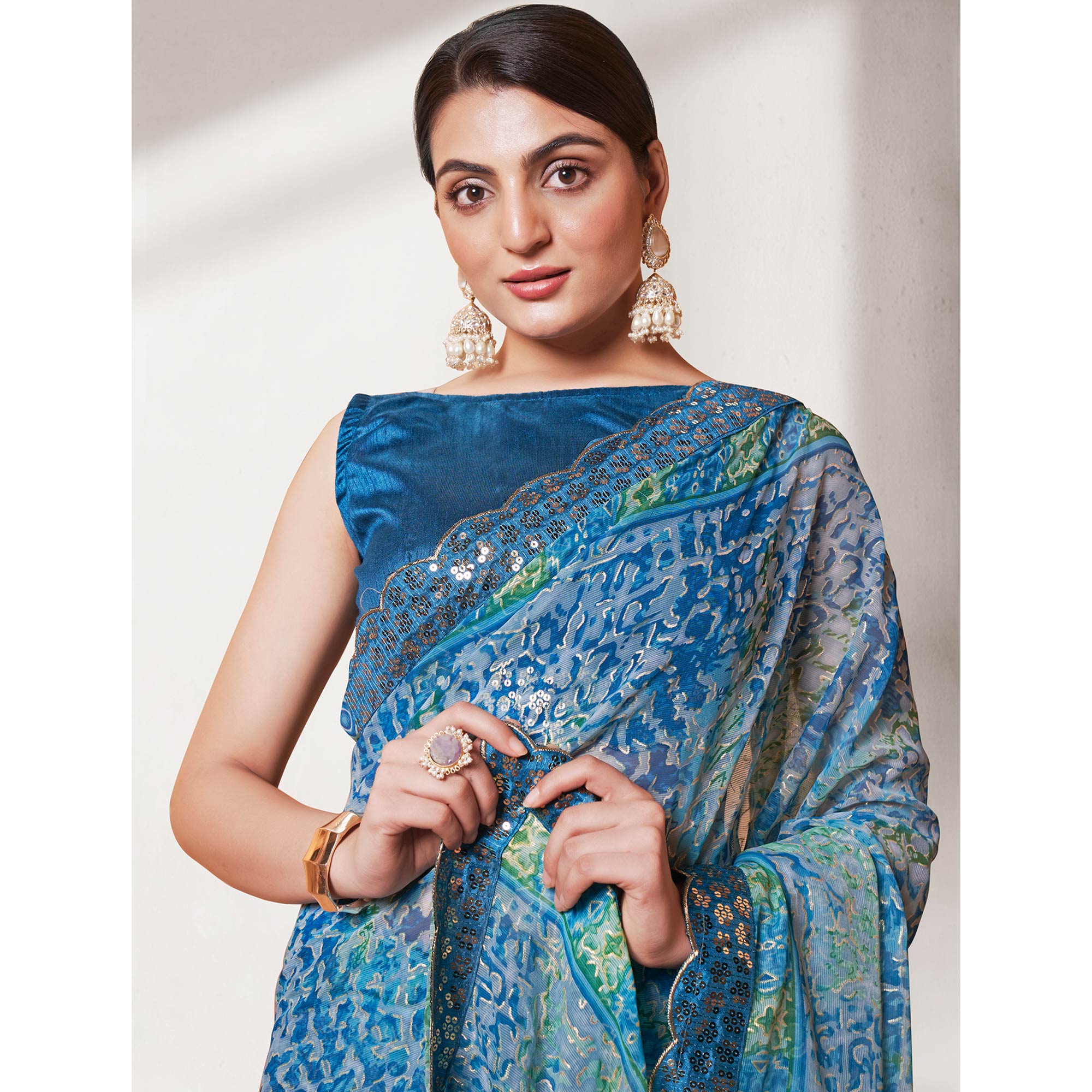 Blue Printed With Sequins Border Georgette Saree