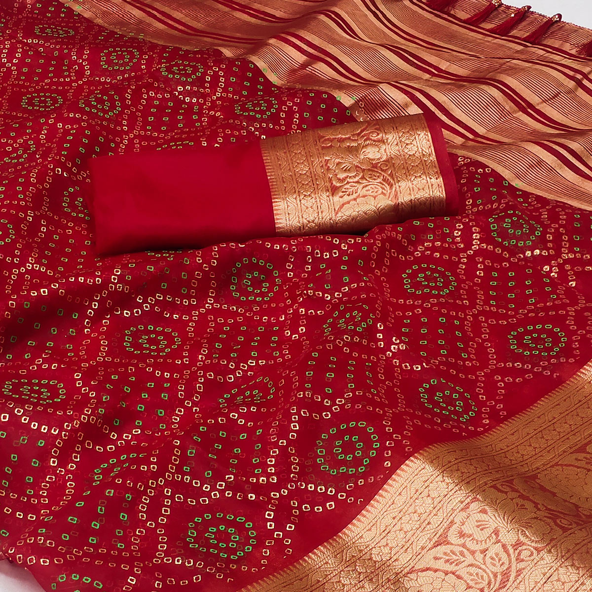 Red Bandhani Printed Organza Saree With Tassels