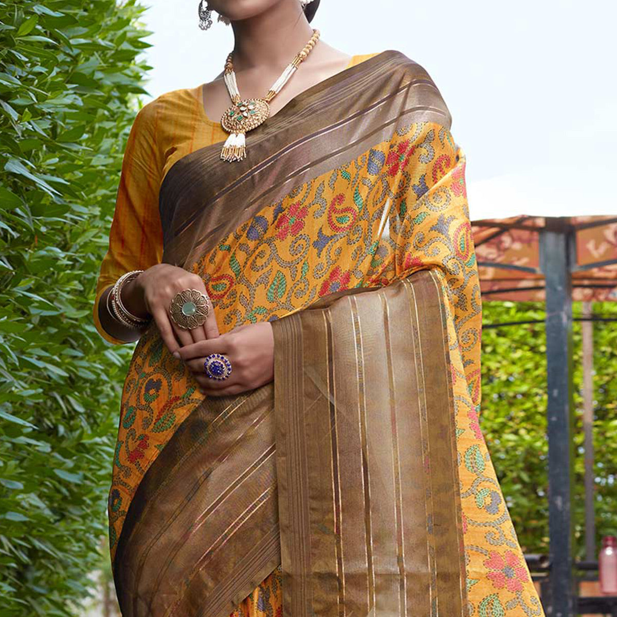 Mustard Floral Digital Printed Cotton Blend Saree
