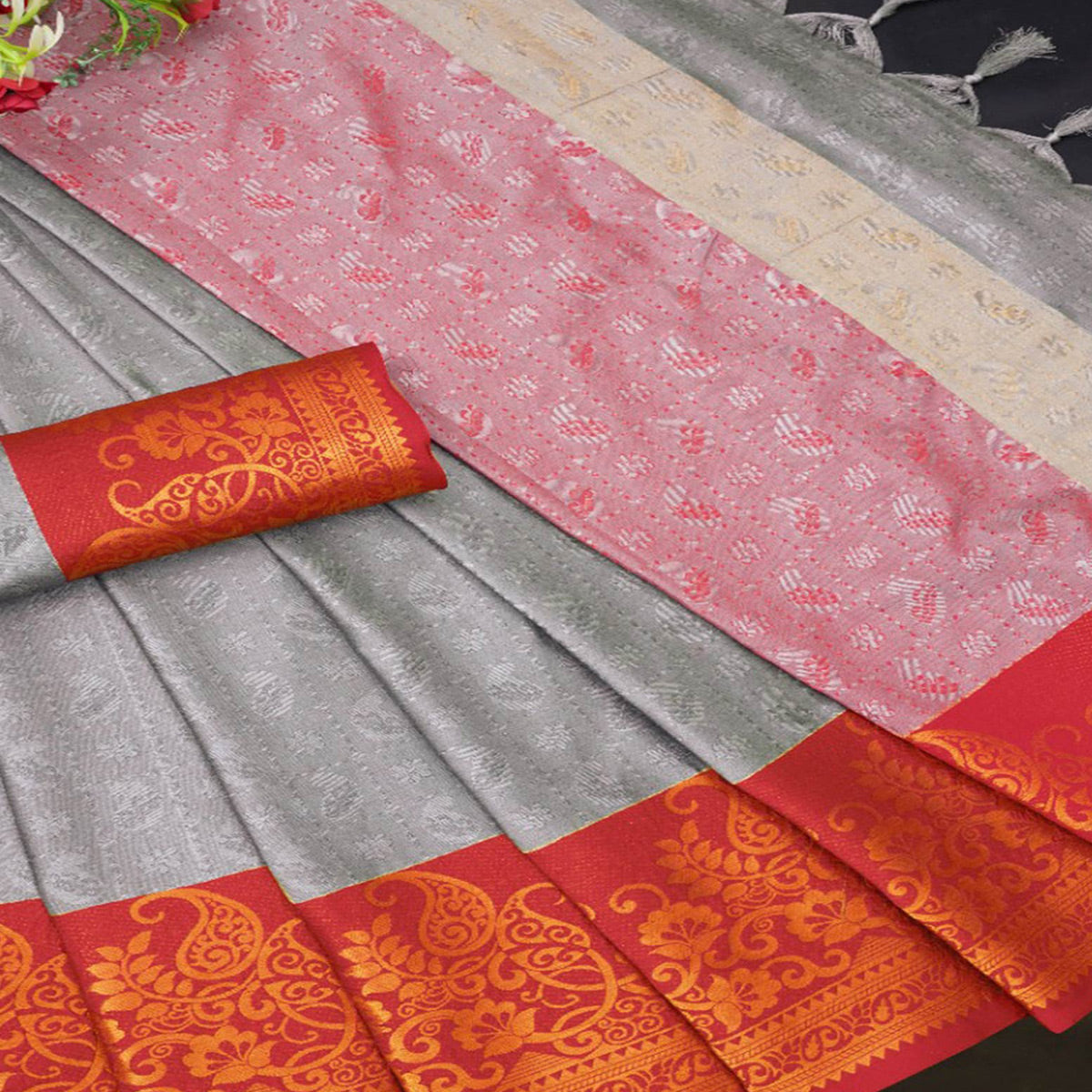 Grey Woven Cotton Silk Saree
