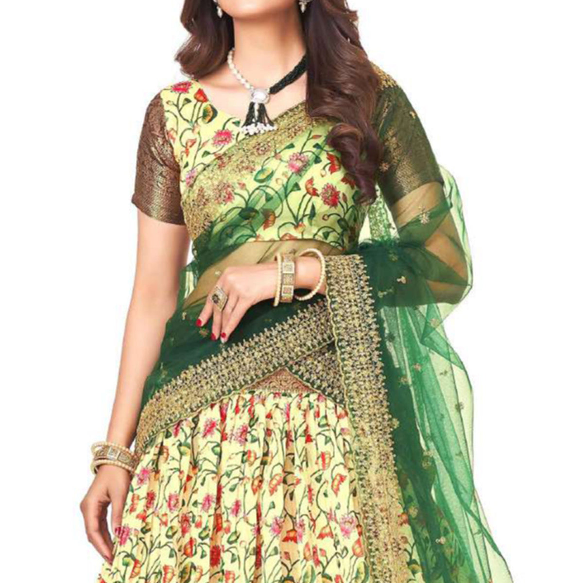 Lime Yellow Digital Printed With Zari Work Art Silk Lehenga Choli