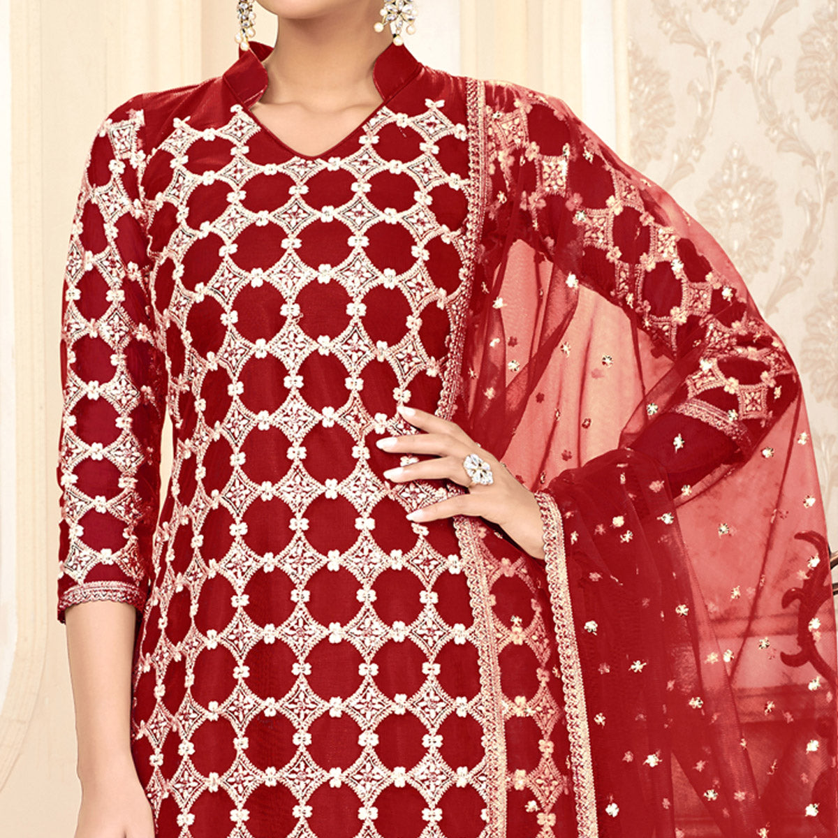 Maroon Sequins Embroidered Net Semi Stitched Suit