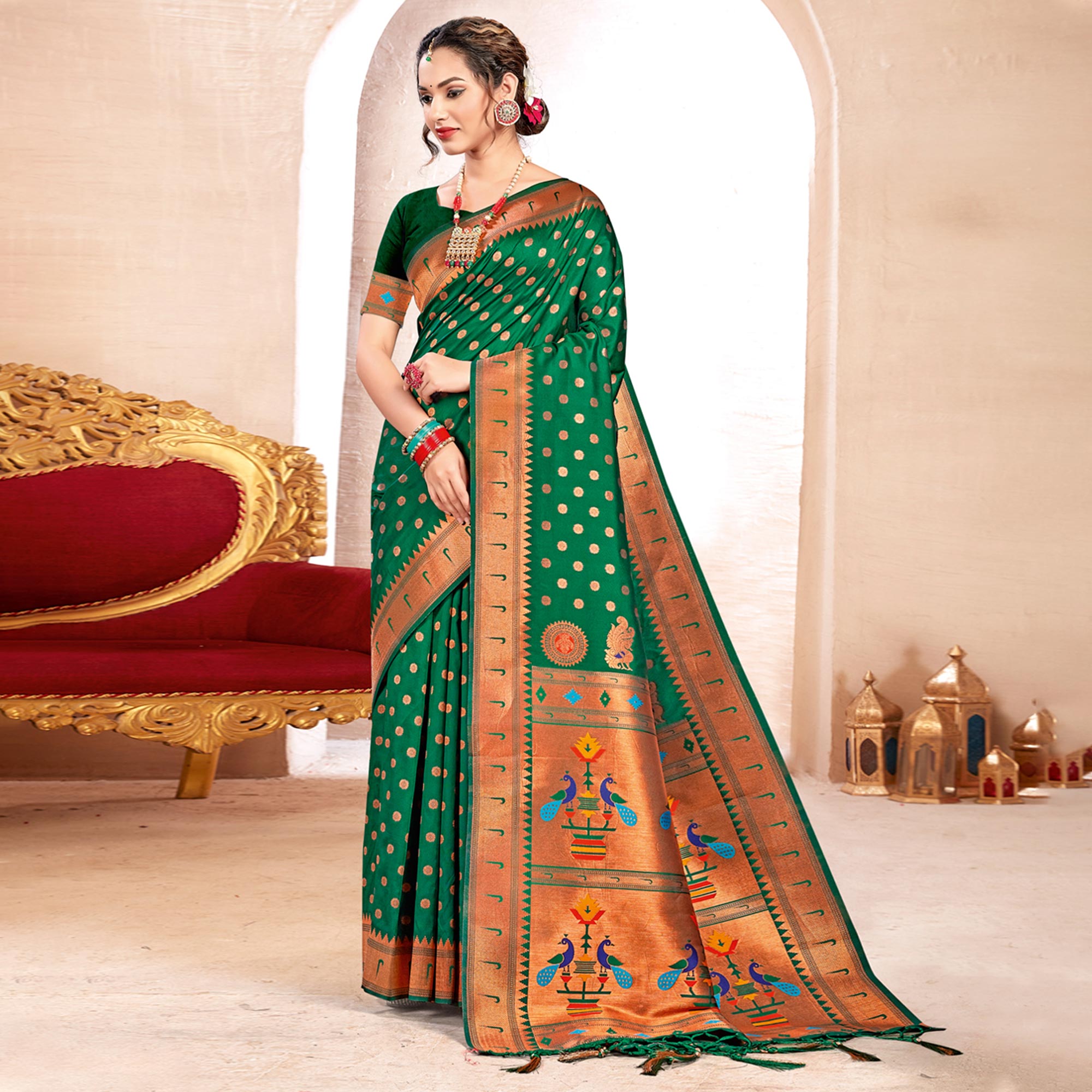 Green Woven Art Silk Paithani Saree With Tassels