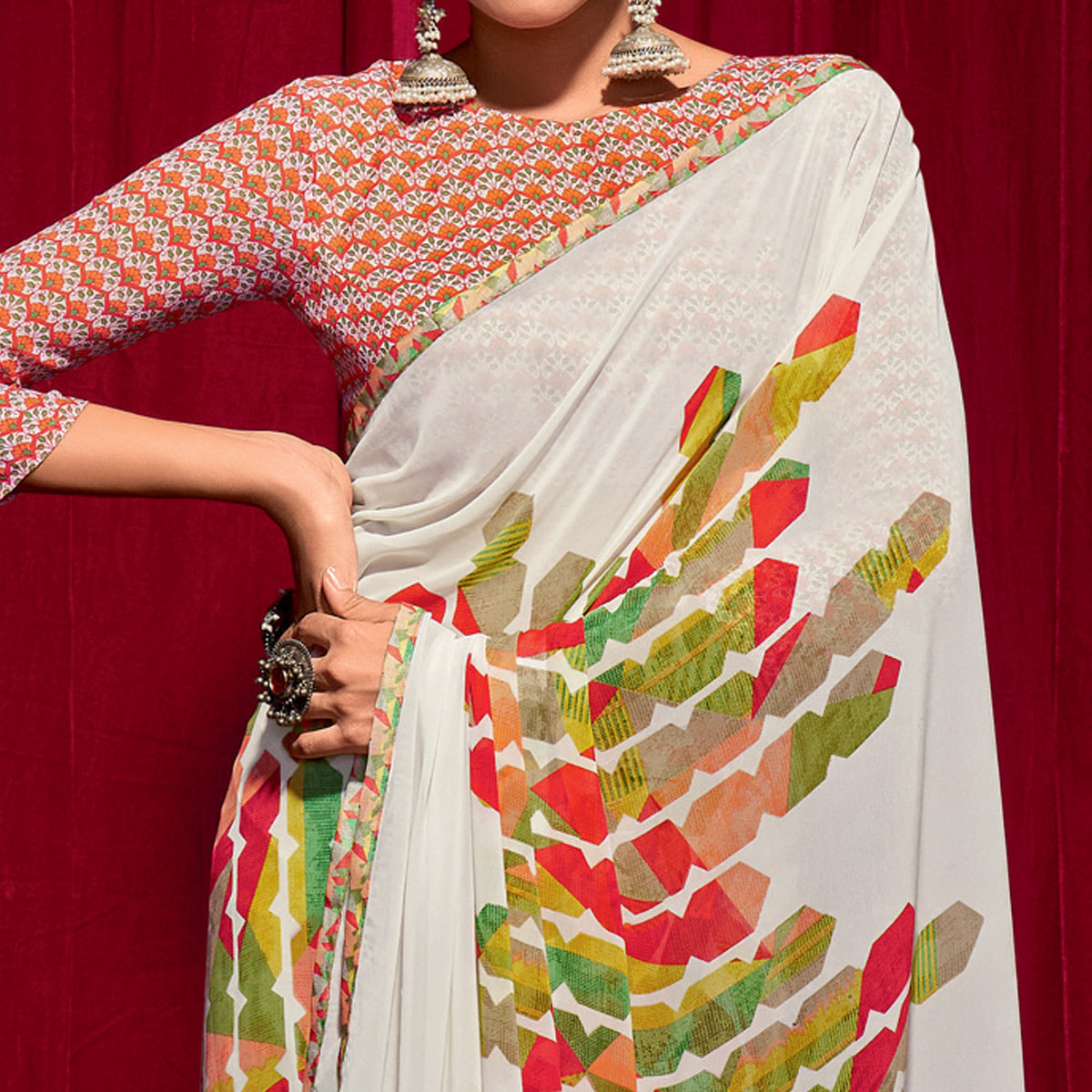 White Printed Georgette Saree