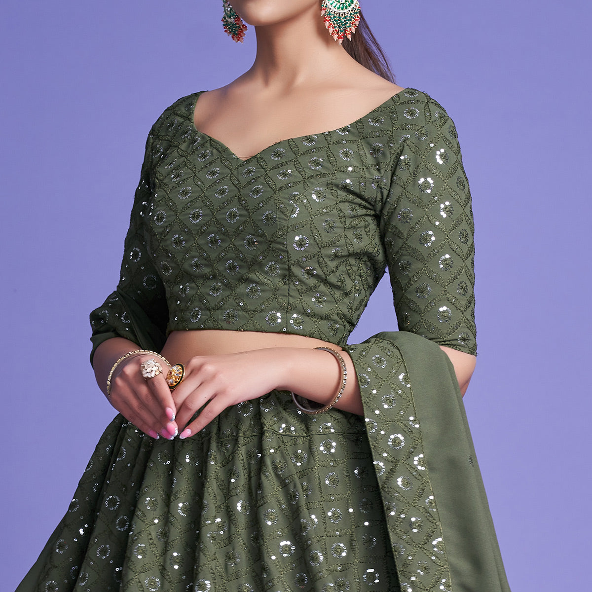 Mahendi Green Sequins Embroidered Georgette Lehenga Choli