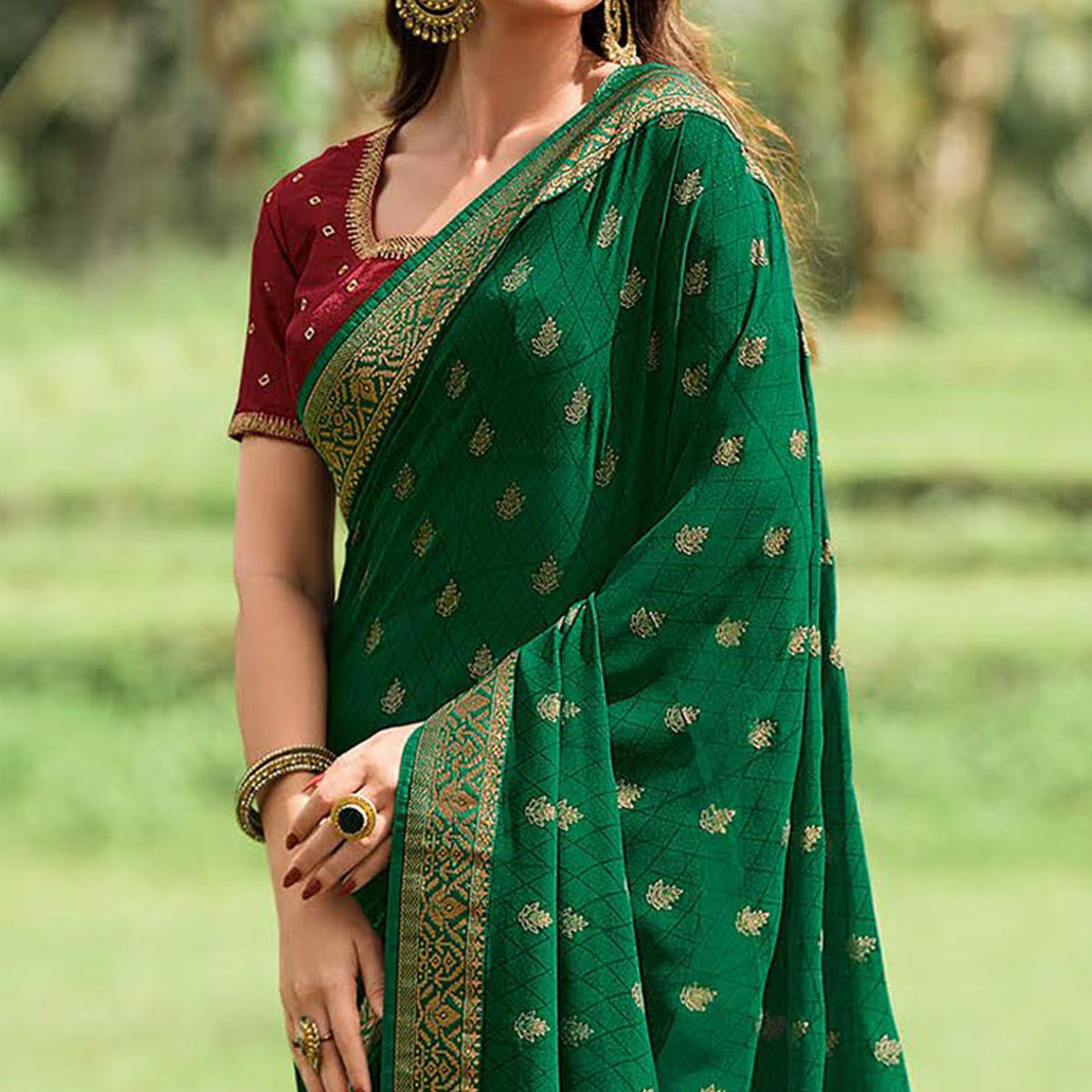 Green Foil Printed Georgette Saree