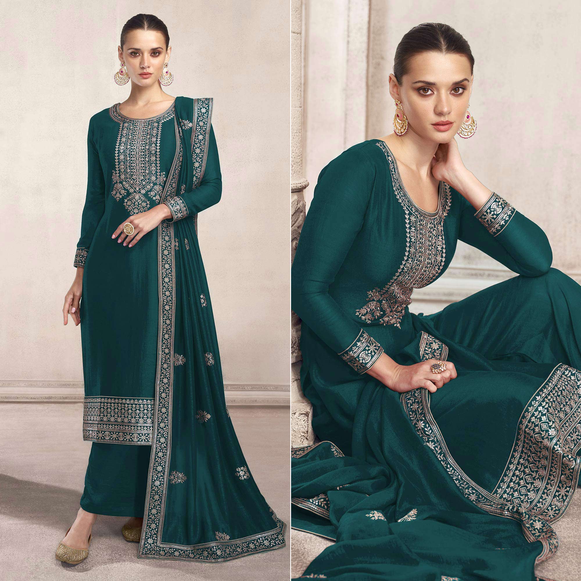 Green Embroidered Dola Silk Salwar Suit
