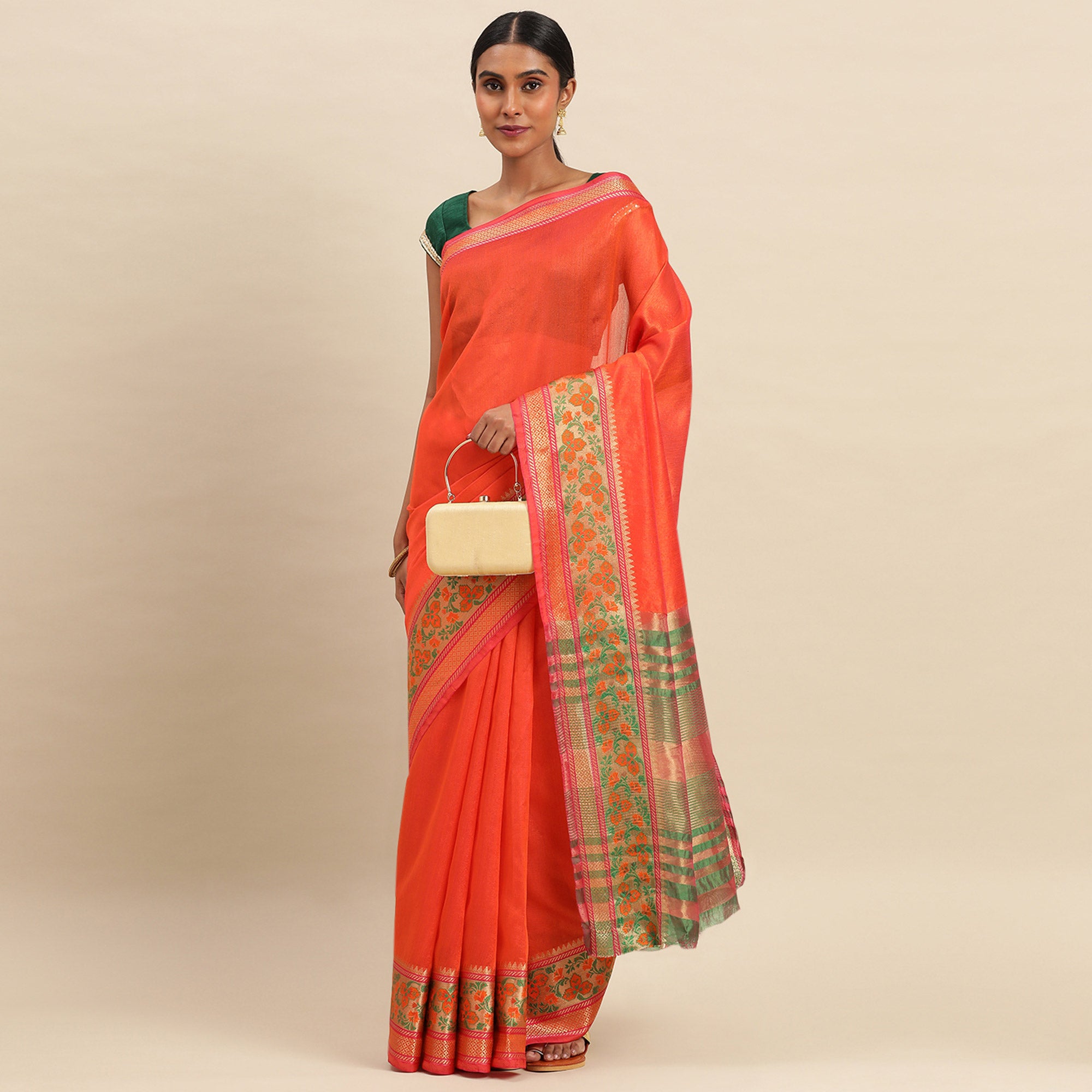 Orange Woven Cotton Silk Saree