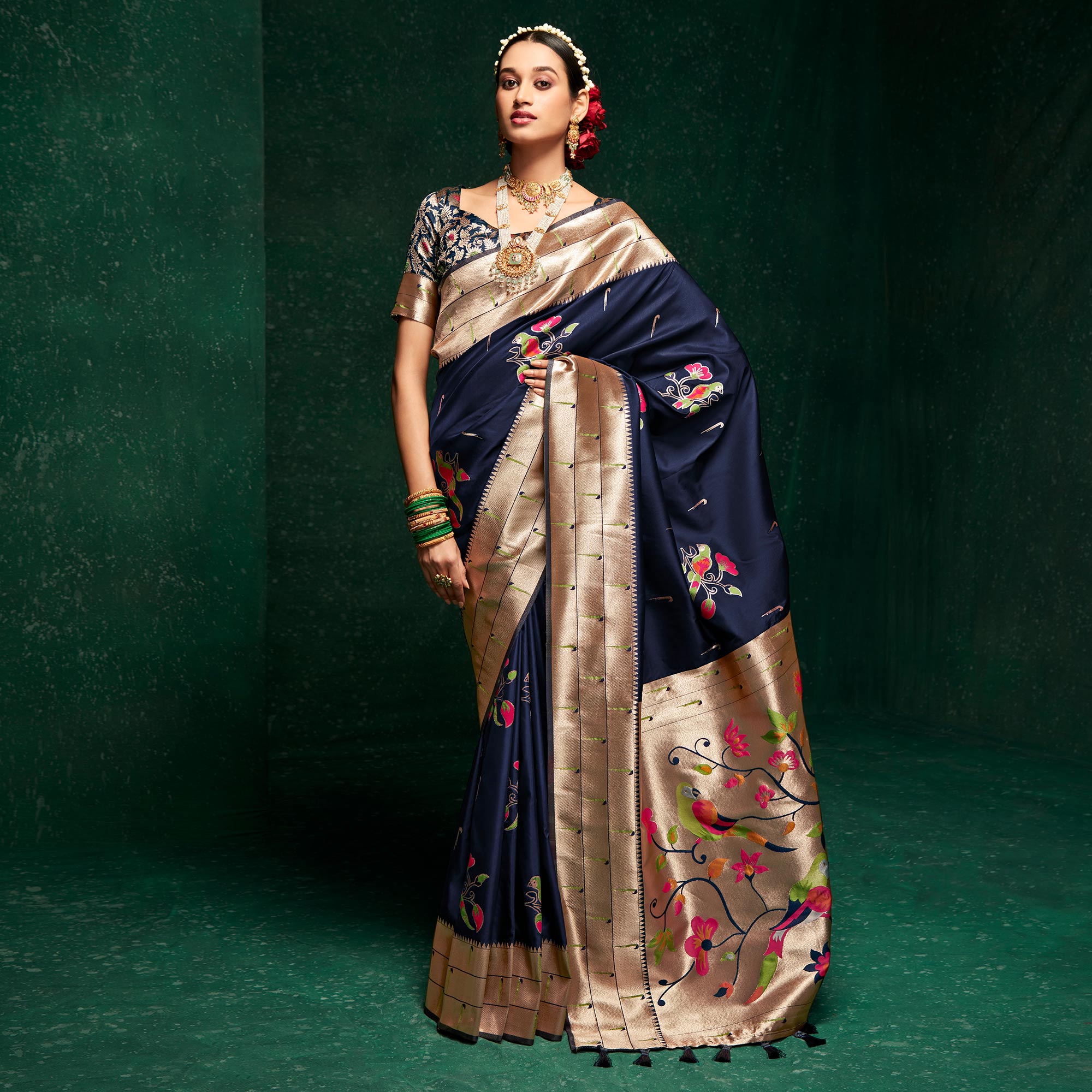 Navy Blue Woven Pure Silk Paithani Saree With Tassels