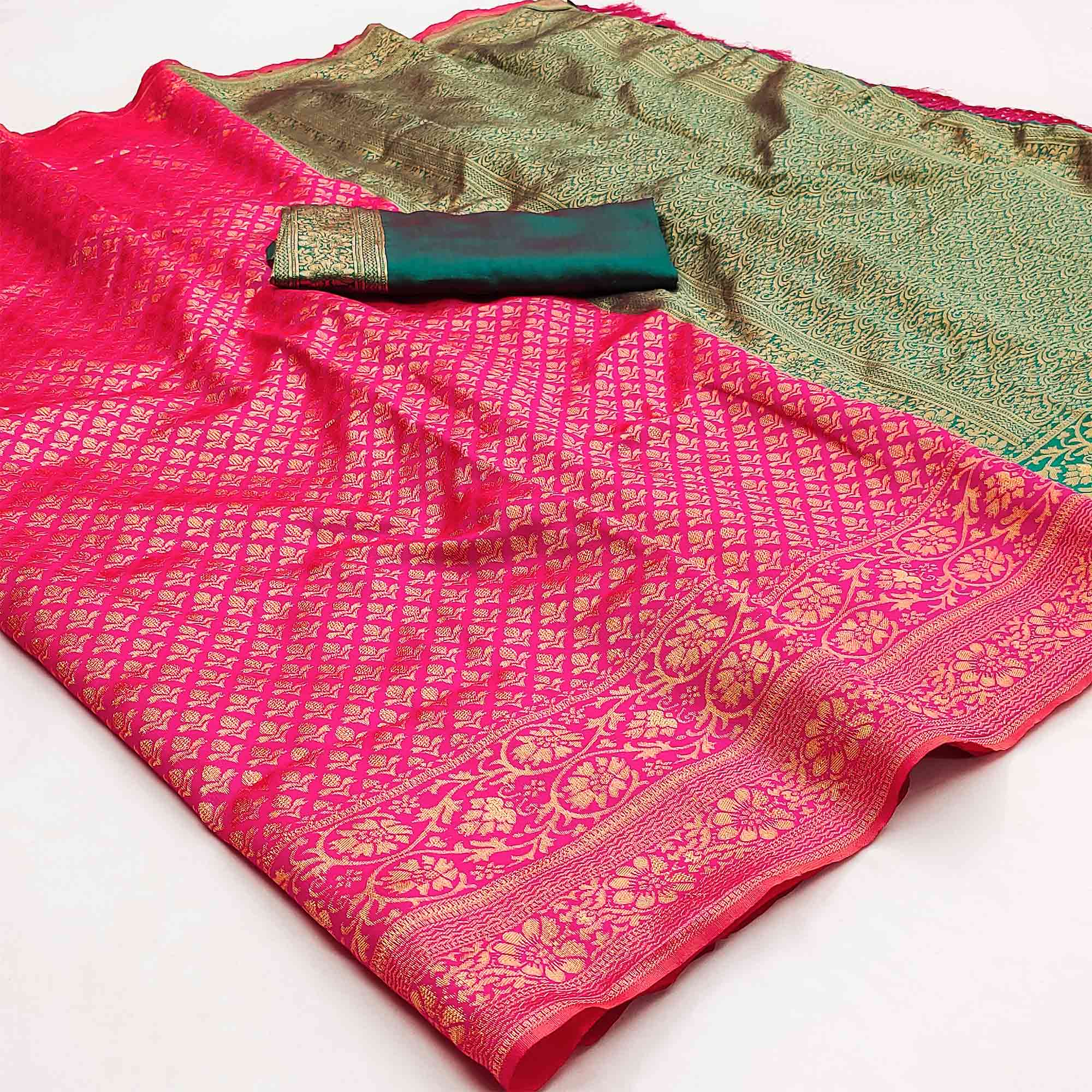 Magenta Pink Floral Woven Jacquard Saree