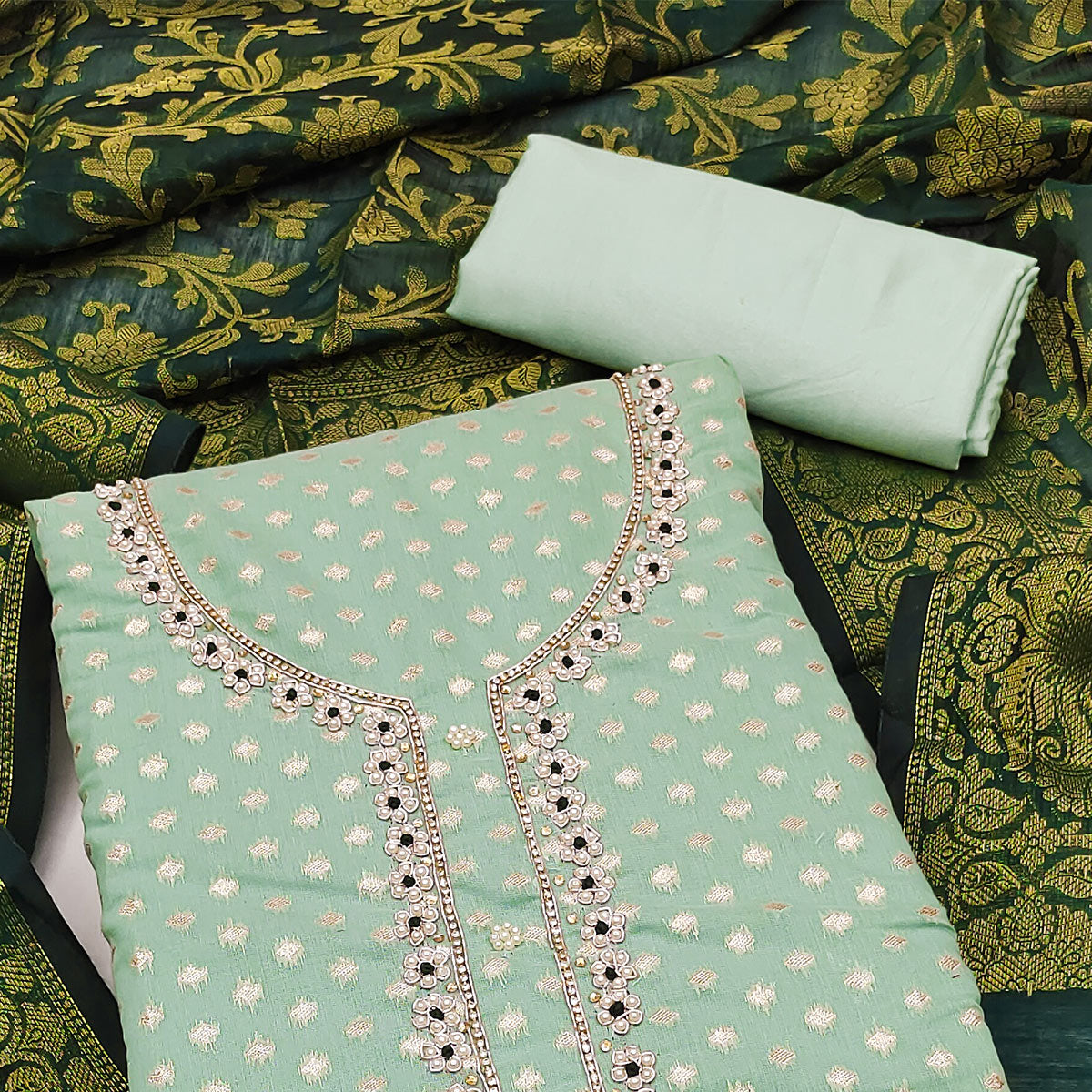 Sea Green Woven Banarasi Silk Dress Material