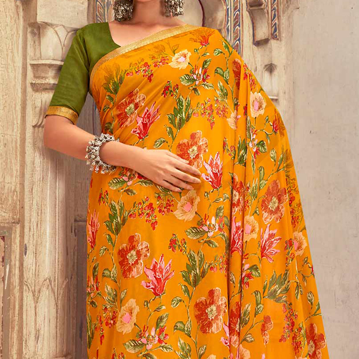 Orange Floral Printed Chiffon Saree