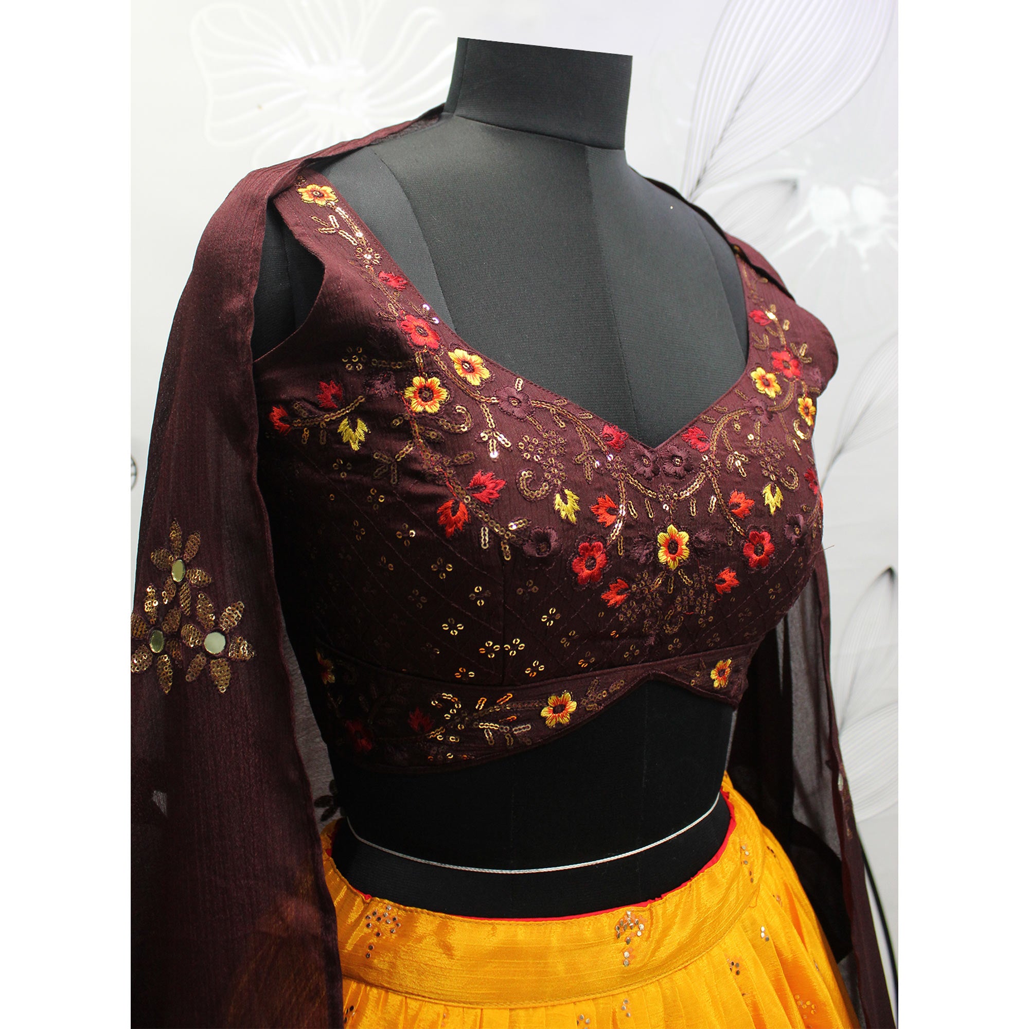 Orange & Wine Embellished Mirror Work Georgette Lehenga Choli