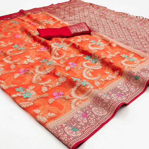 Orange Floral Woven Organza Saree With Tassels