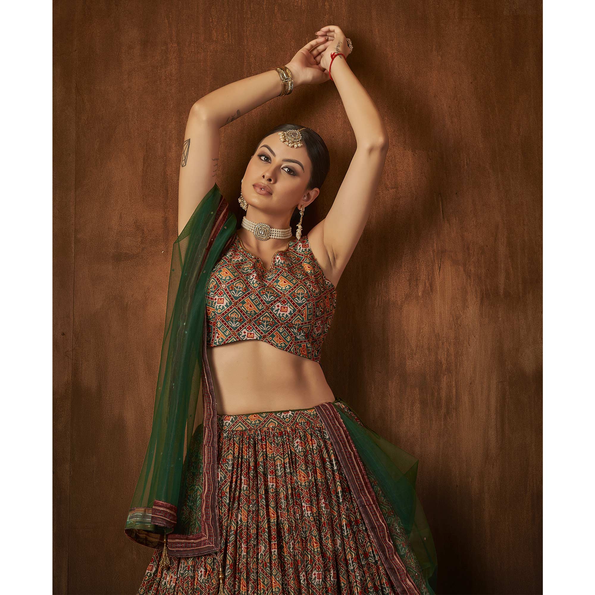 Green Printed With Sequins Work Georgette Lehenga Choli