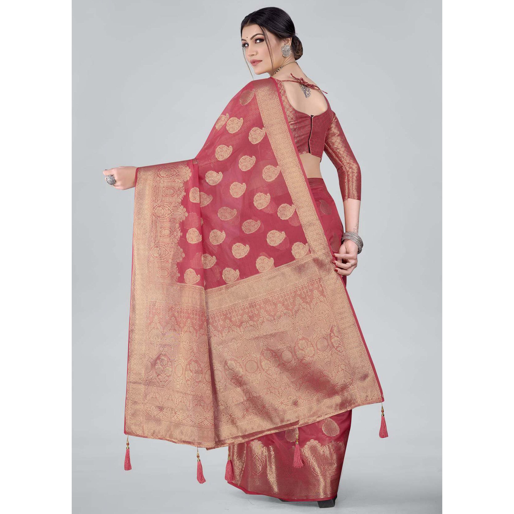 Pink Woven Organza Saree With Tassels