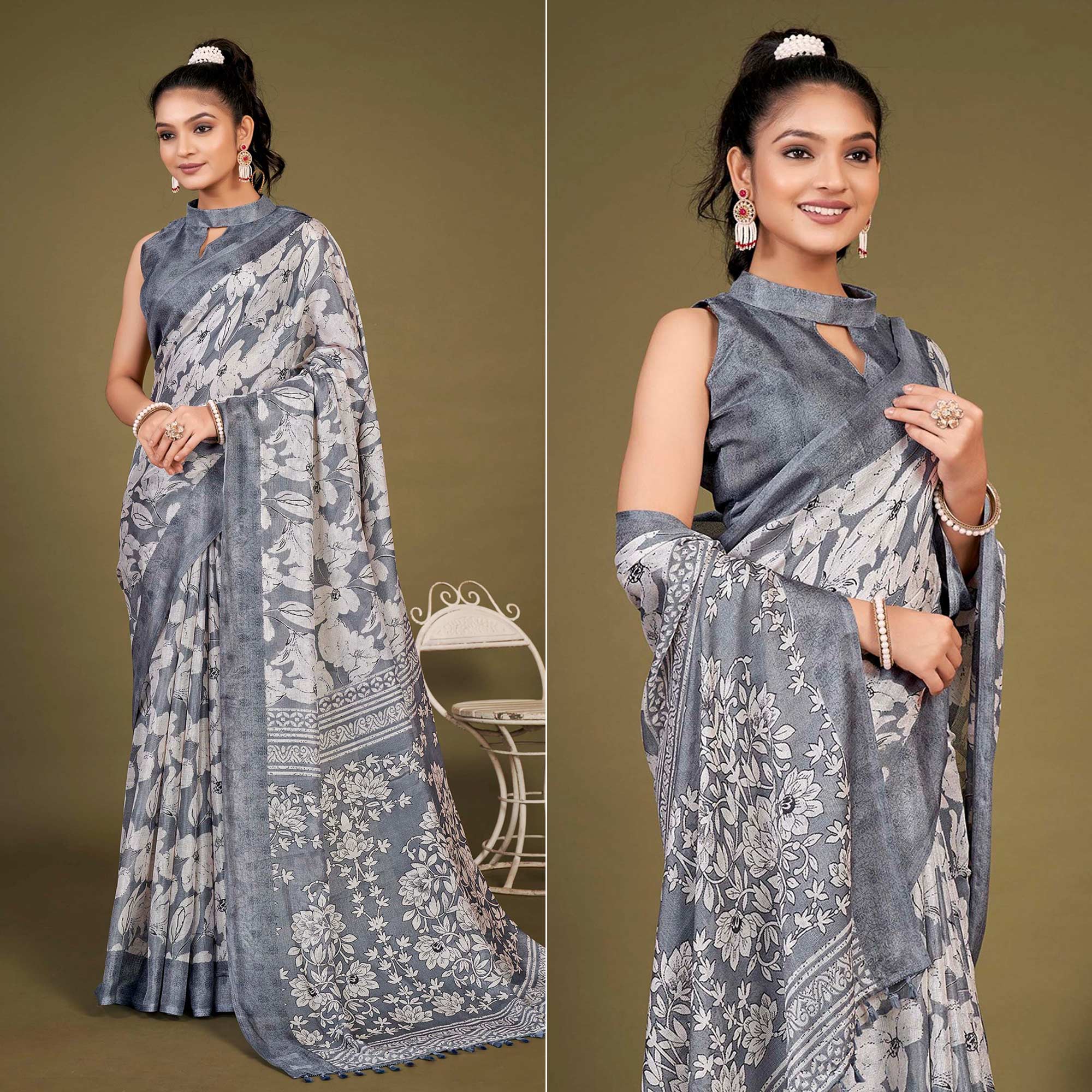 Grey Floral Printed Jute Saree With Tassels