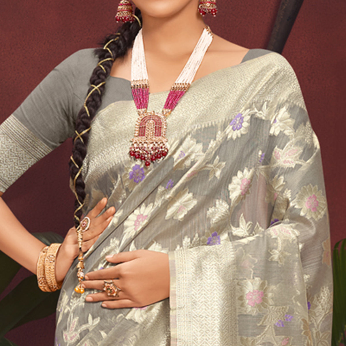 Grey Floral Woven Art Silk Saree