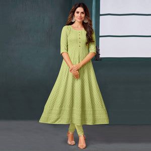 Green Chikankari Work Aanarkali Style Rayon Kurti