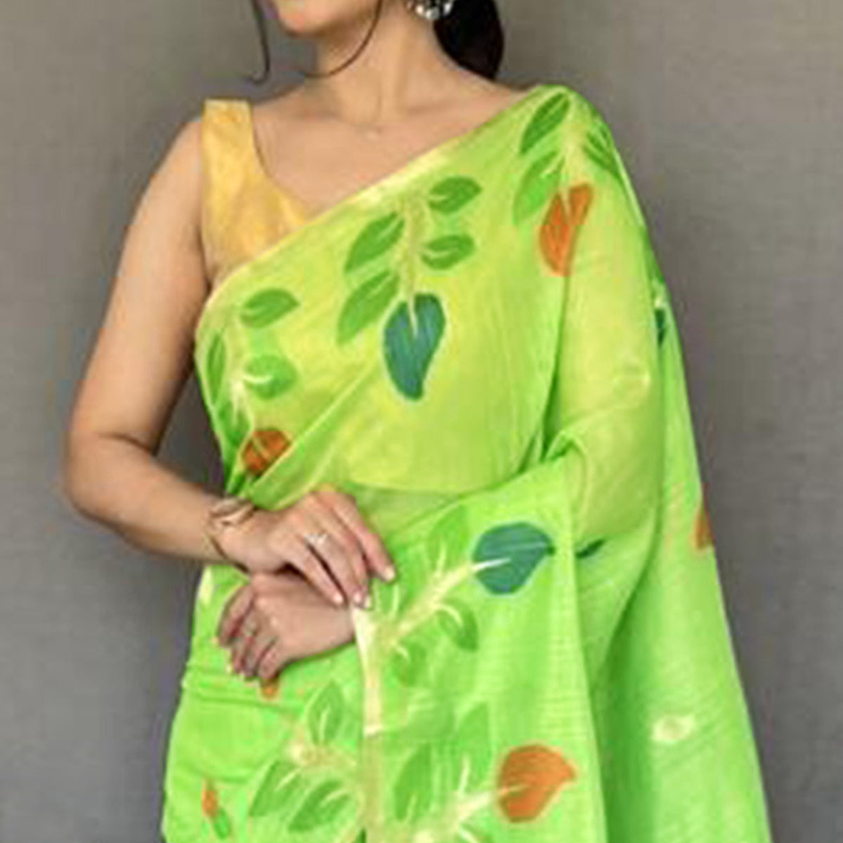 Pista Green Floral Woven Cotton Saree