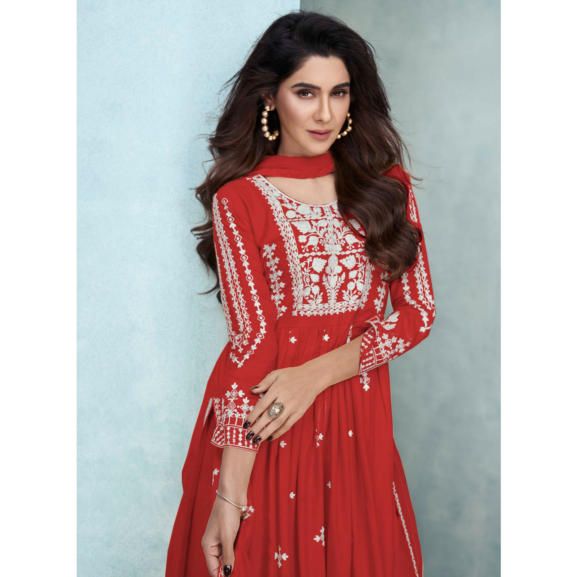 Red Lucknowi Embroidered Rayon Palazzo Suit