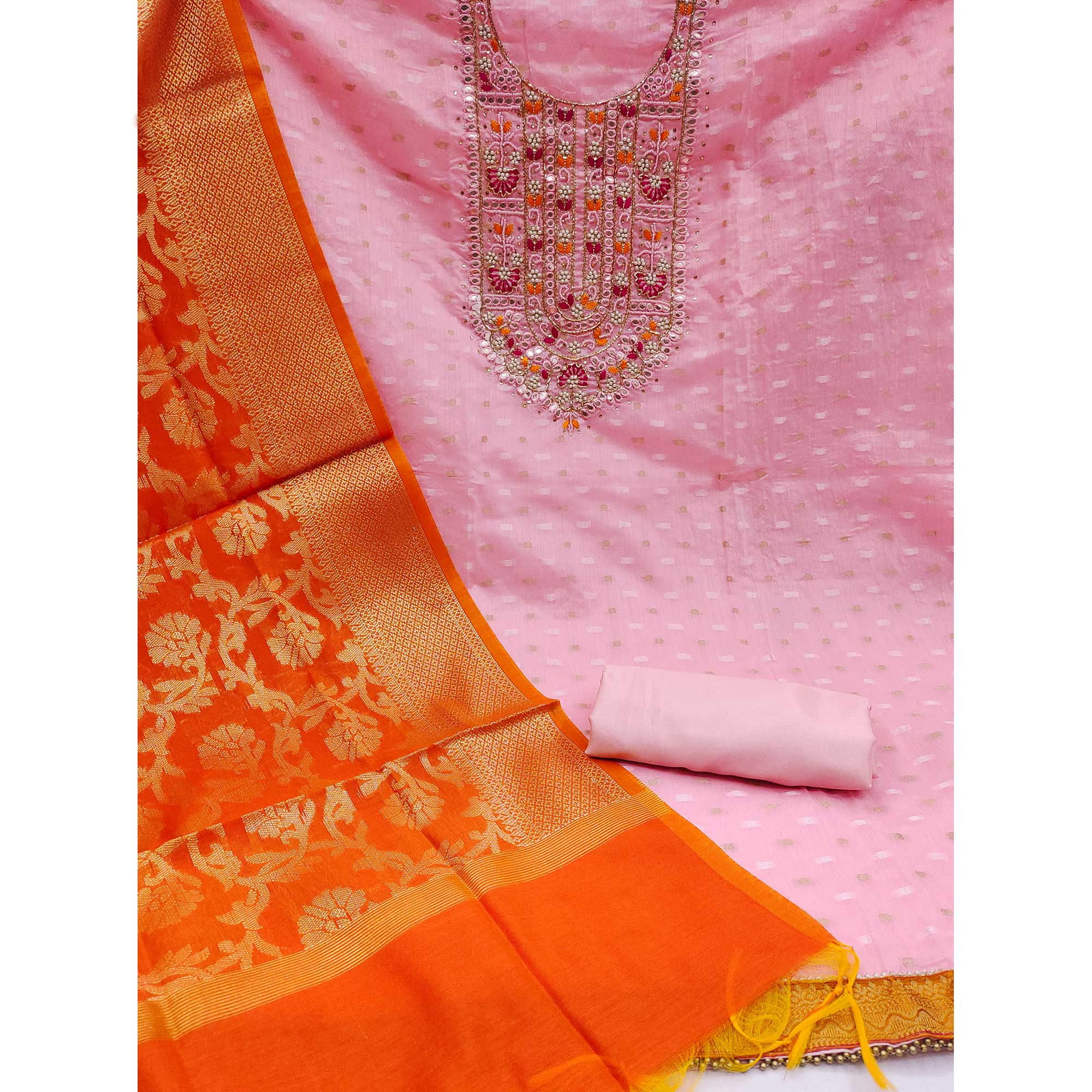 Pink Woven With Handwork Banarasi Silk Dress Material