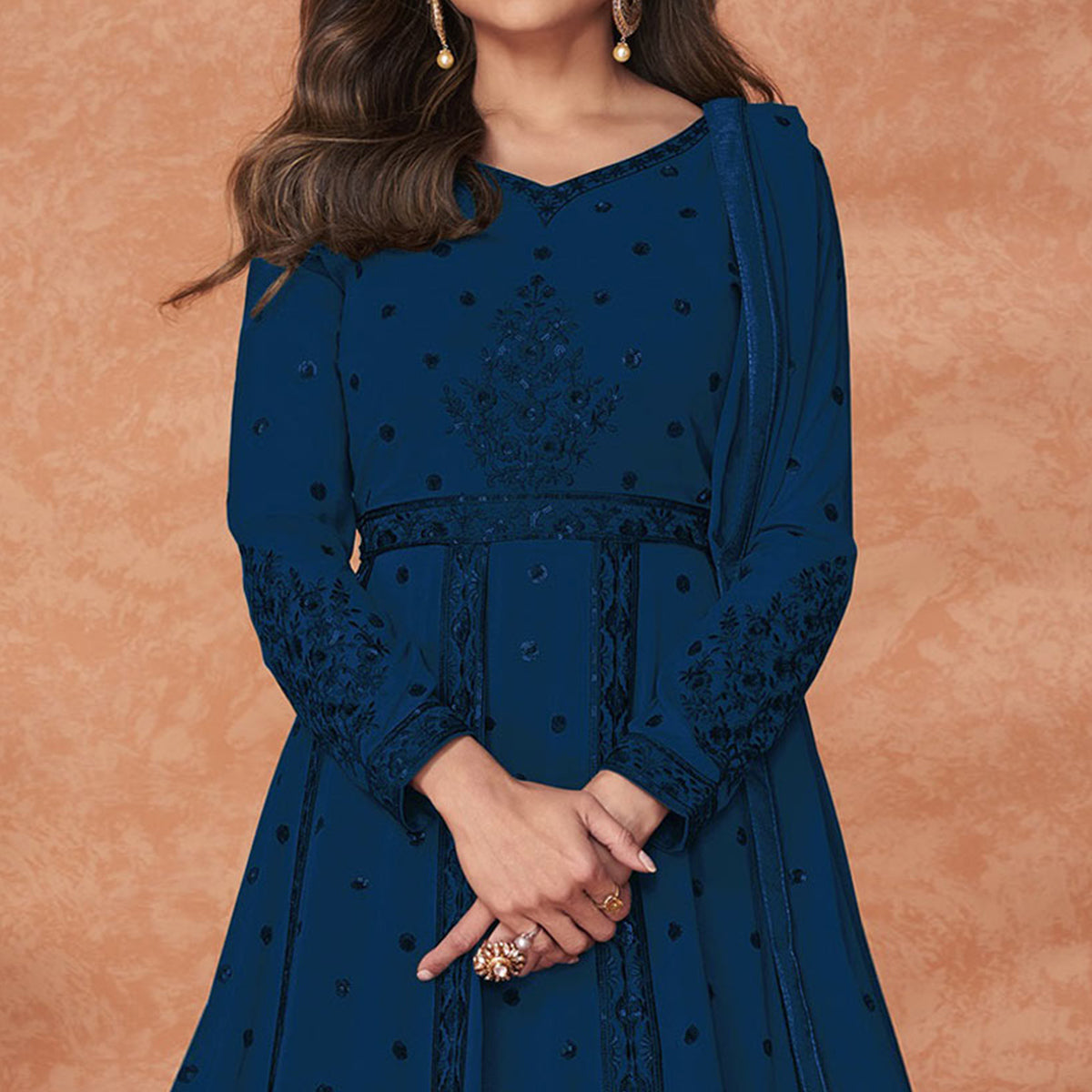 Sea Blue Embroidered Georgette Gown